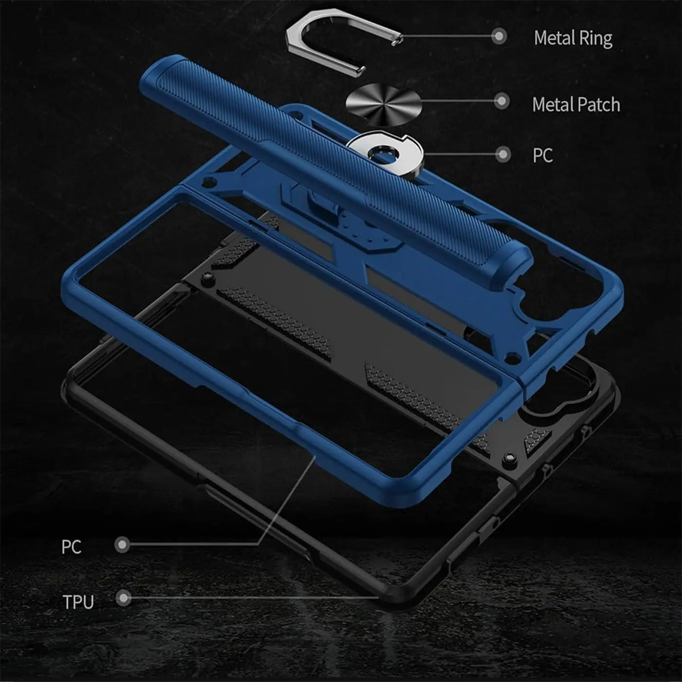 Blaue und schwarze Schutzhülle aus PC/TPU mit Metallring, zerlegt, für Samsung Galaxy Z Fold 5.