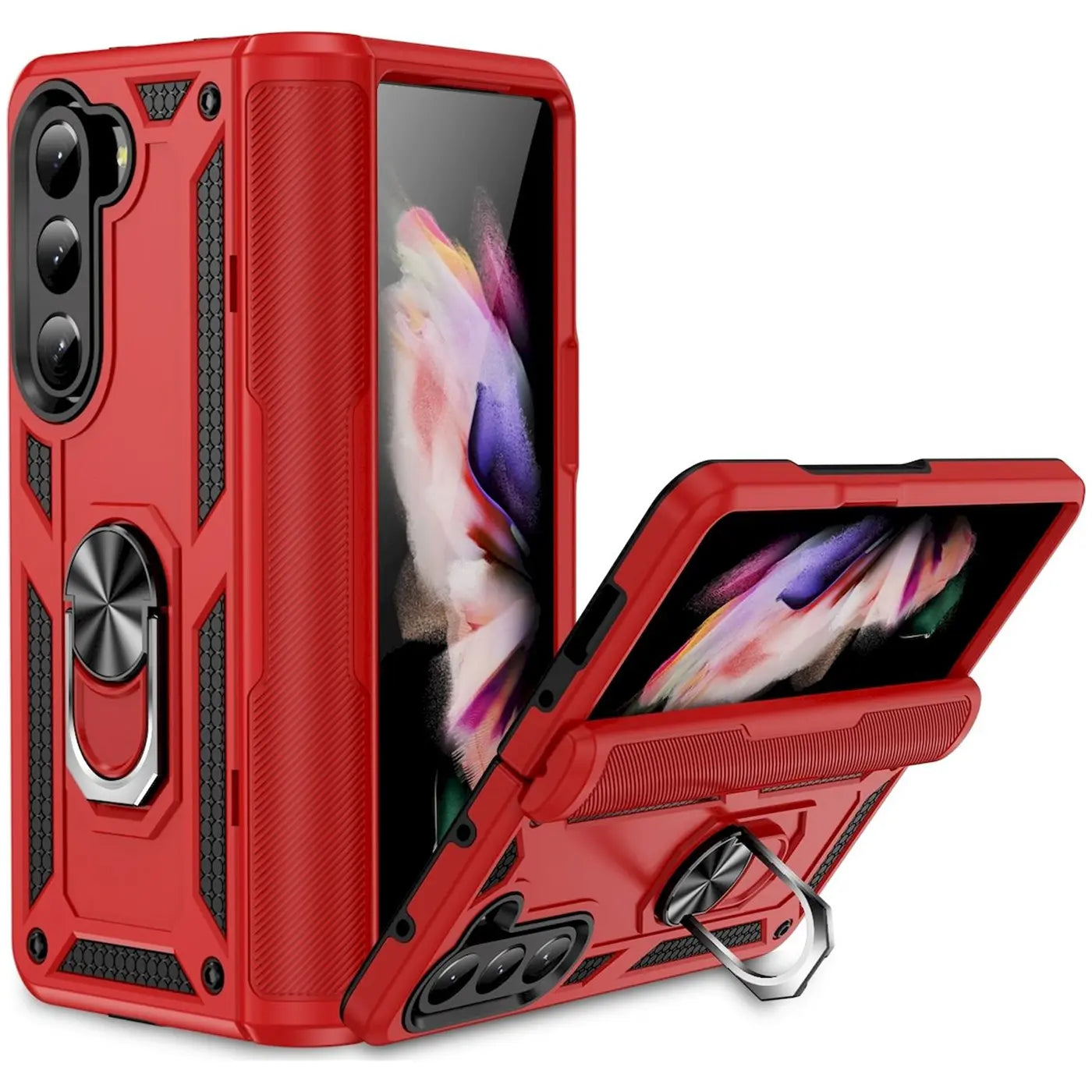 Rote Military Hülle mit Ringhalter für Samsung Galaxy Z Fold 5, von vorne schräg