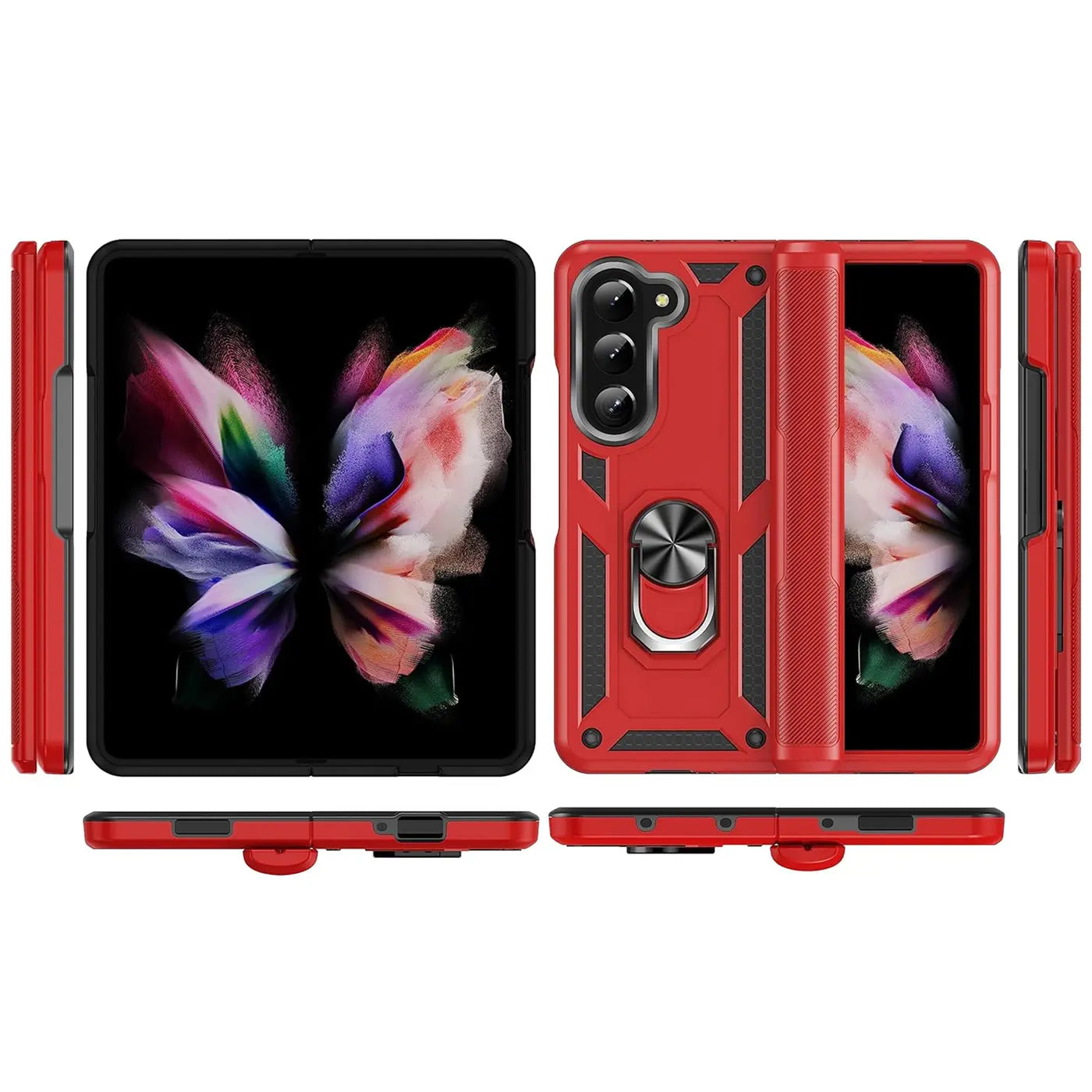 Rote Hülle mit Ringhalter für Samsung Galaxy Z Fold 5, verschiedene Ansichten.