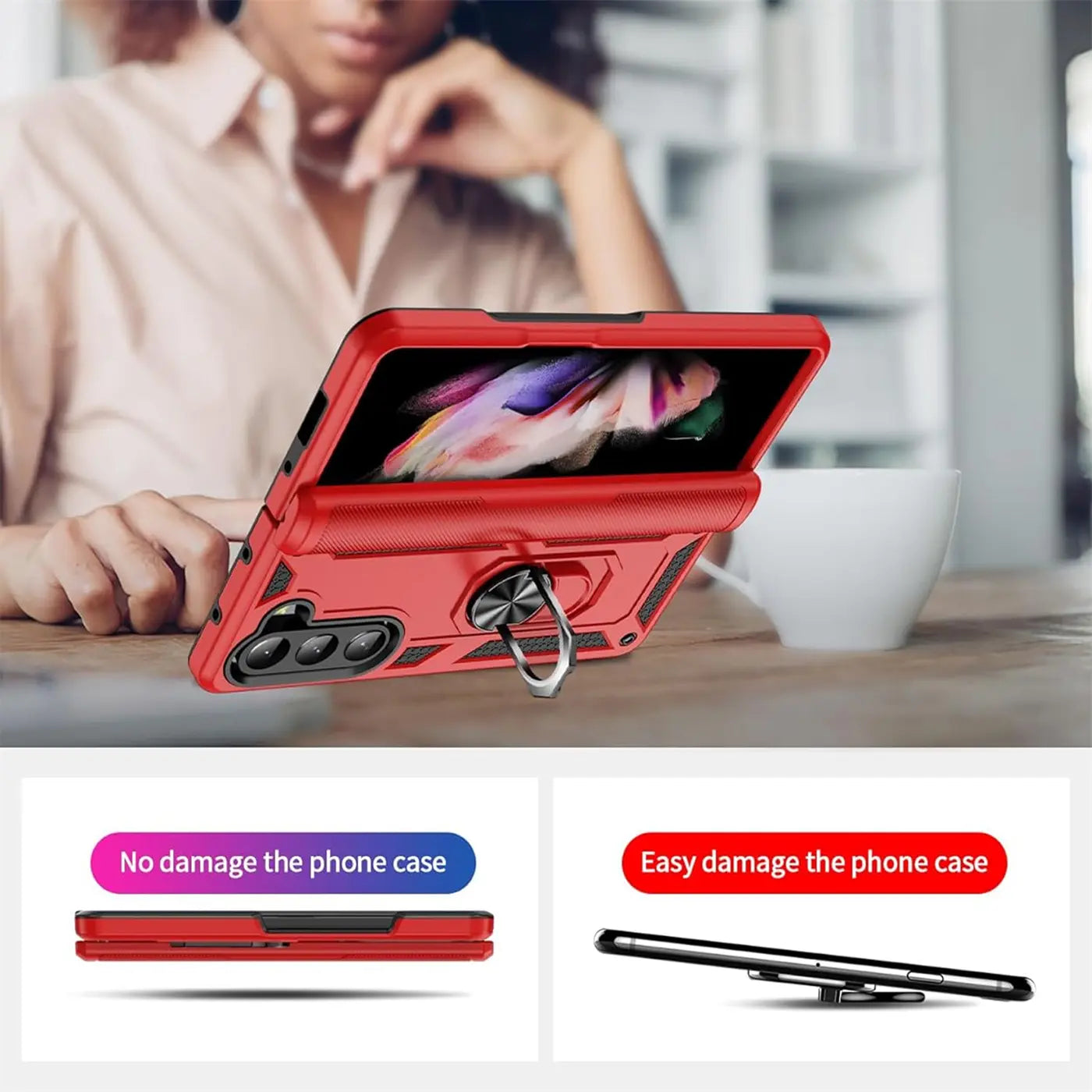 Rote Hülle mit Ringhalter für Samsung Galaxy Z Fold 5, Seitenansicht.