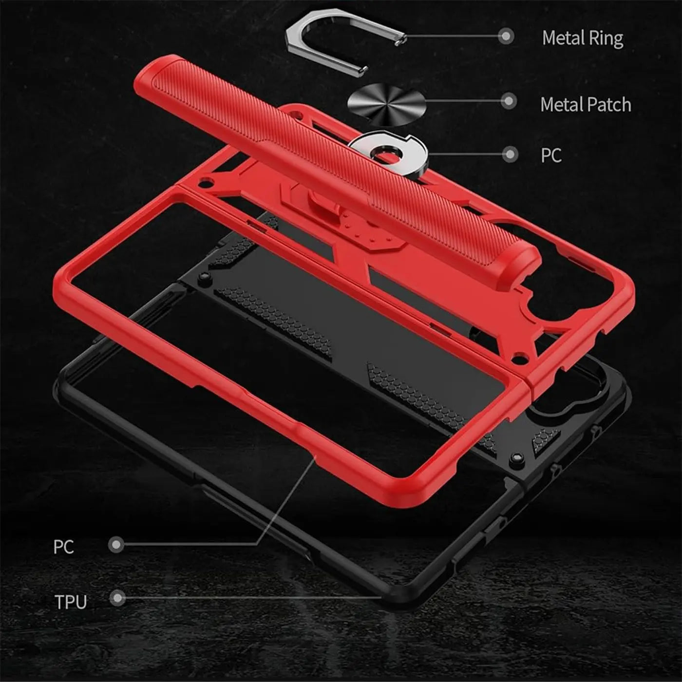 Rote und schwarze Schutzhülle aus PC/TPU mit Metallring, zerlegt, für Samsung Galaxy Z Fold 5.
