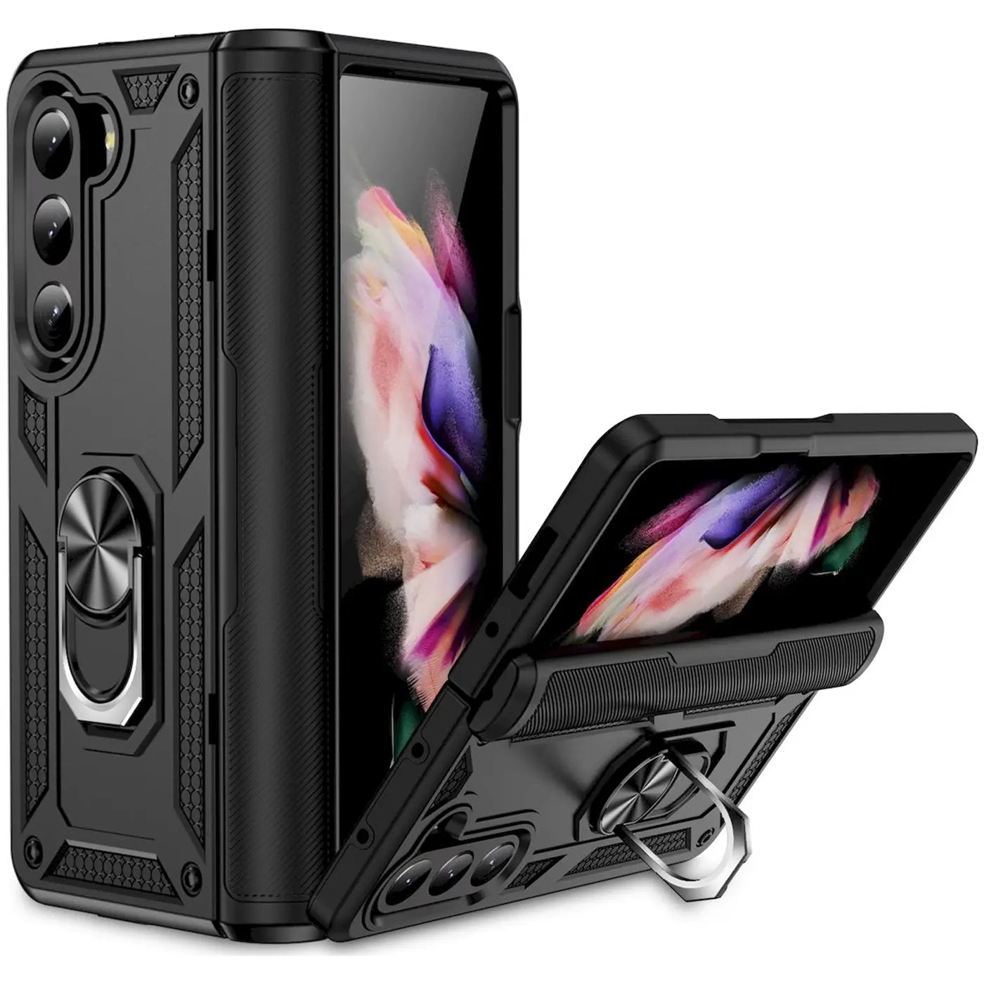 Schwarze Hülle aus Kunststoff mit Ringhalter für Samsung Galaxy Z Fold 5, von vorne links gesehen.