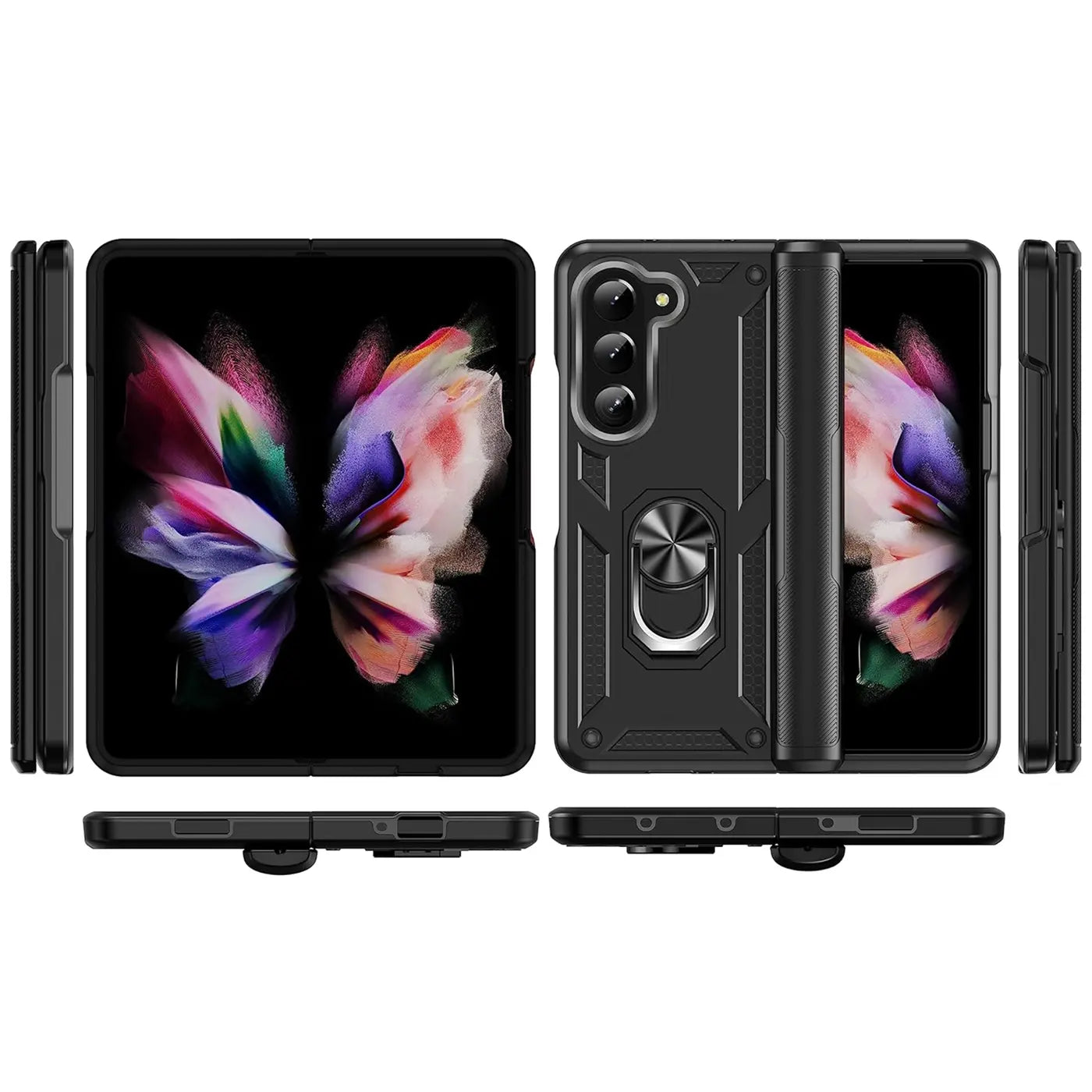 Schwarze Handyhülle aus Kunststoff mit Ringhalter für Samsung Galaxy Z Fold 5, Vorder- und Seitenansicht.