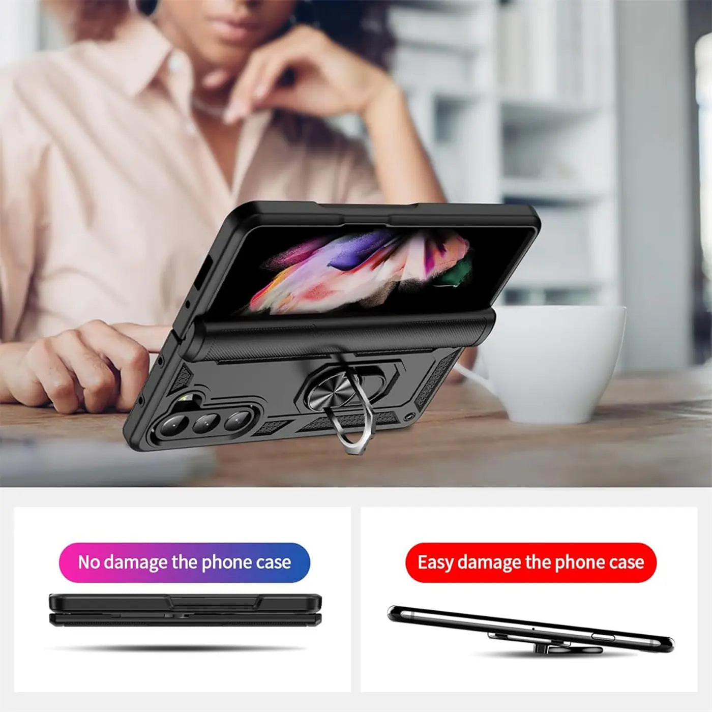 Schwarze Military-Hülle mit Ringhalter für Samsung Galaxy Z Fold 5, von vorne schräg