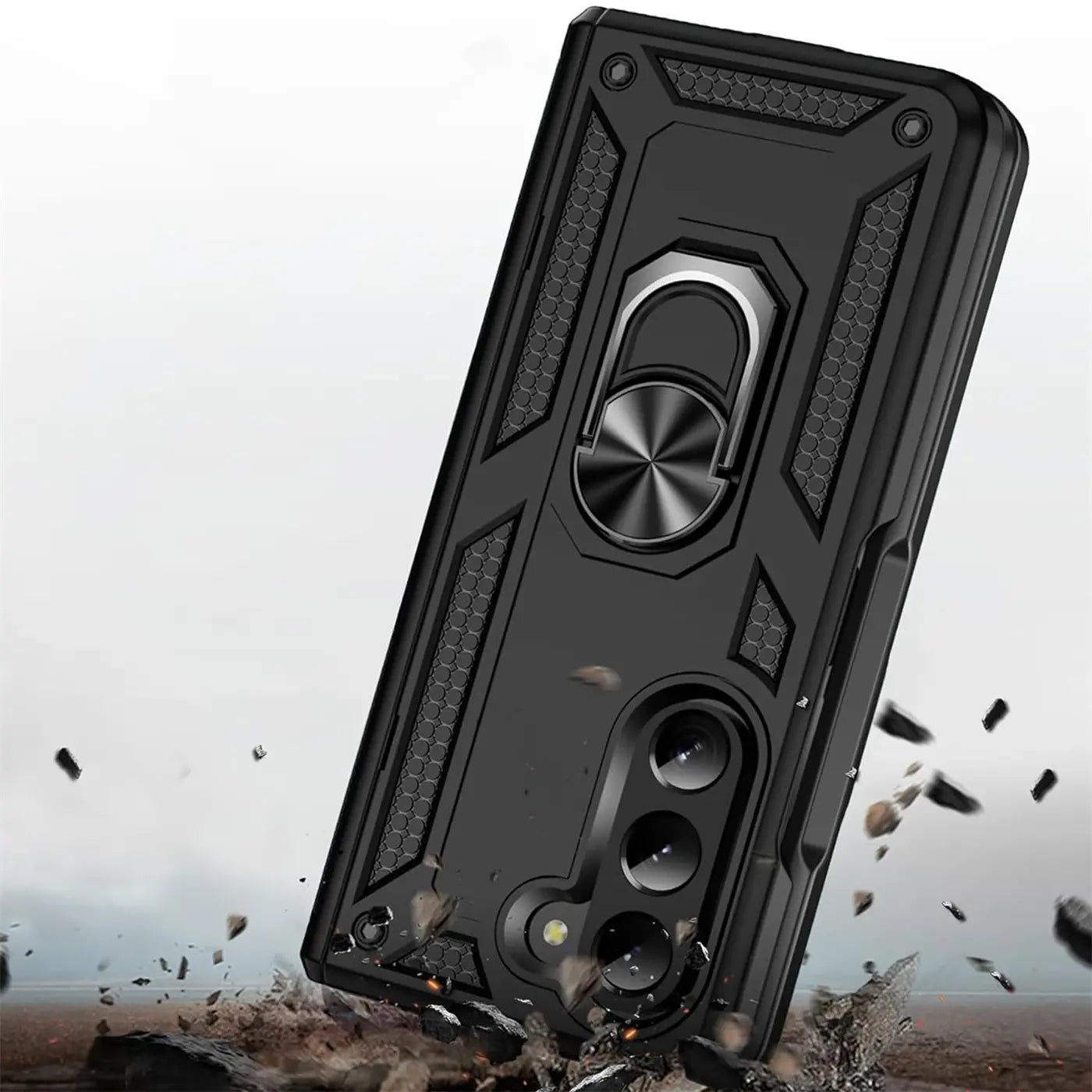 Schwarze Hülle mit Ringhalter für Samsung Galaxy Z Fold 5, von schräg oben.