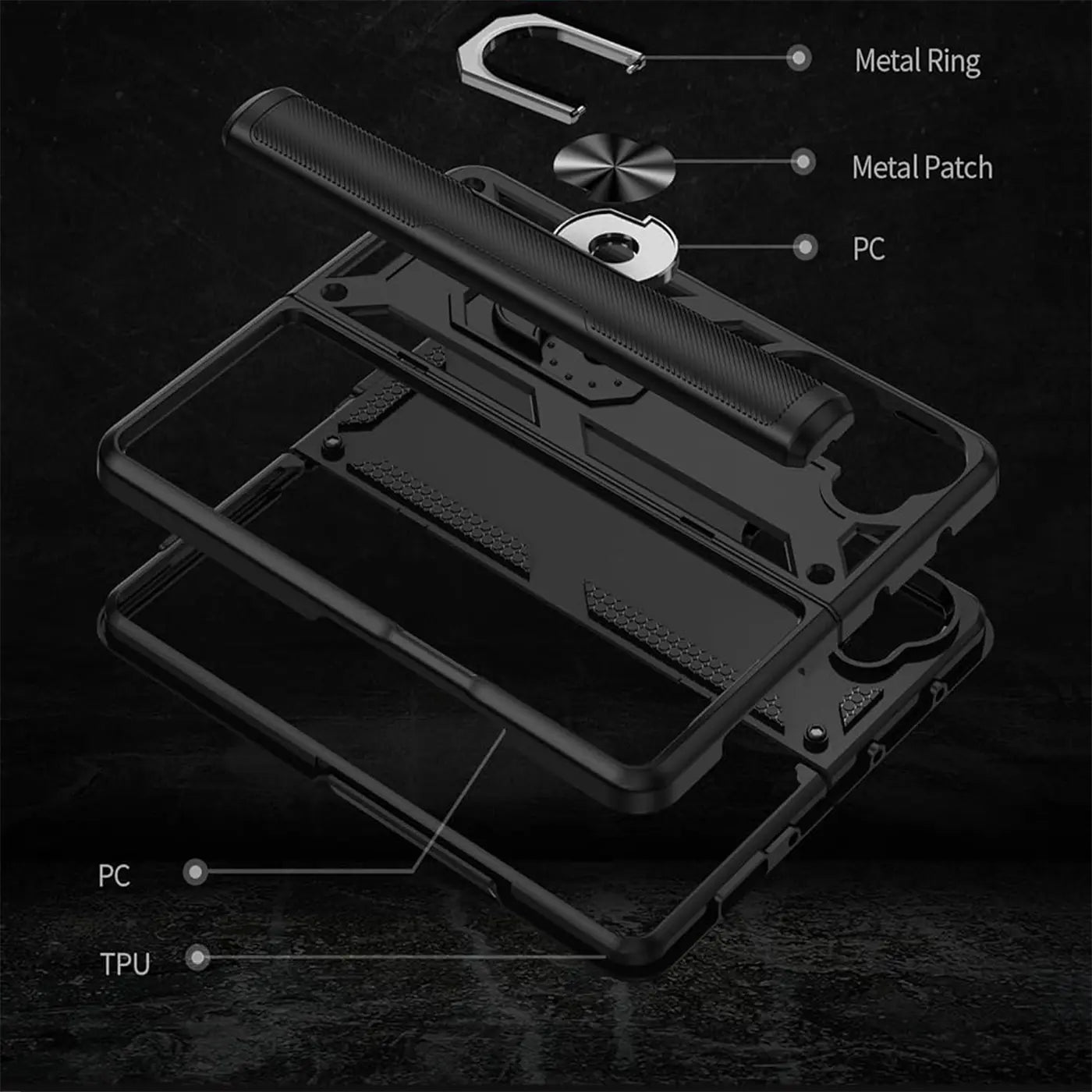Schwarze Hülle aus PC/TPU mit Metallring und -patch, zerlegt, für Samsung Galaxy Z Fold 5.