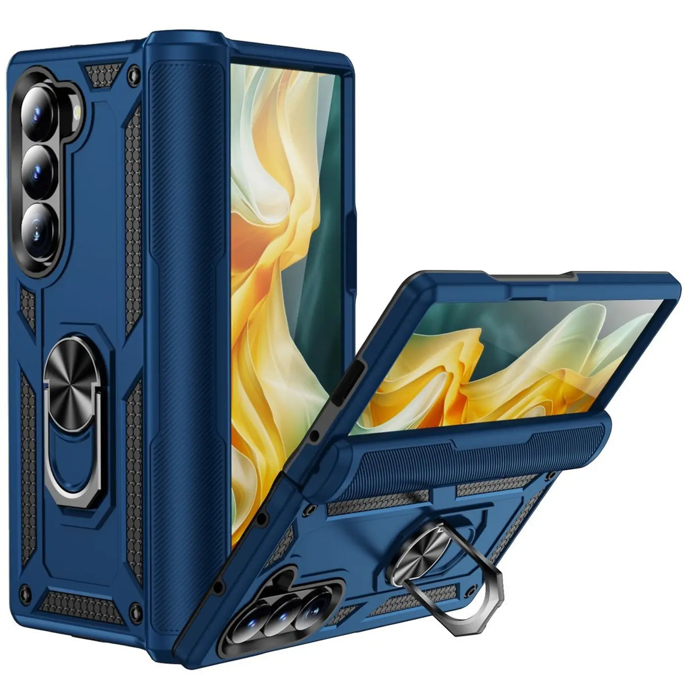 Blaue Hülle aus Kunststoff mit Ringhalter für Samsung Galaxy Z Fold 6, von vorne schräg gezeigt.