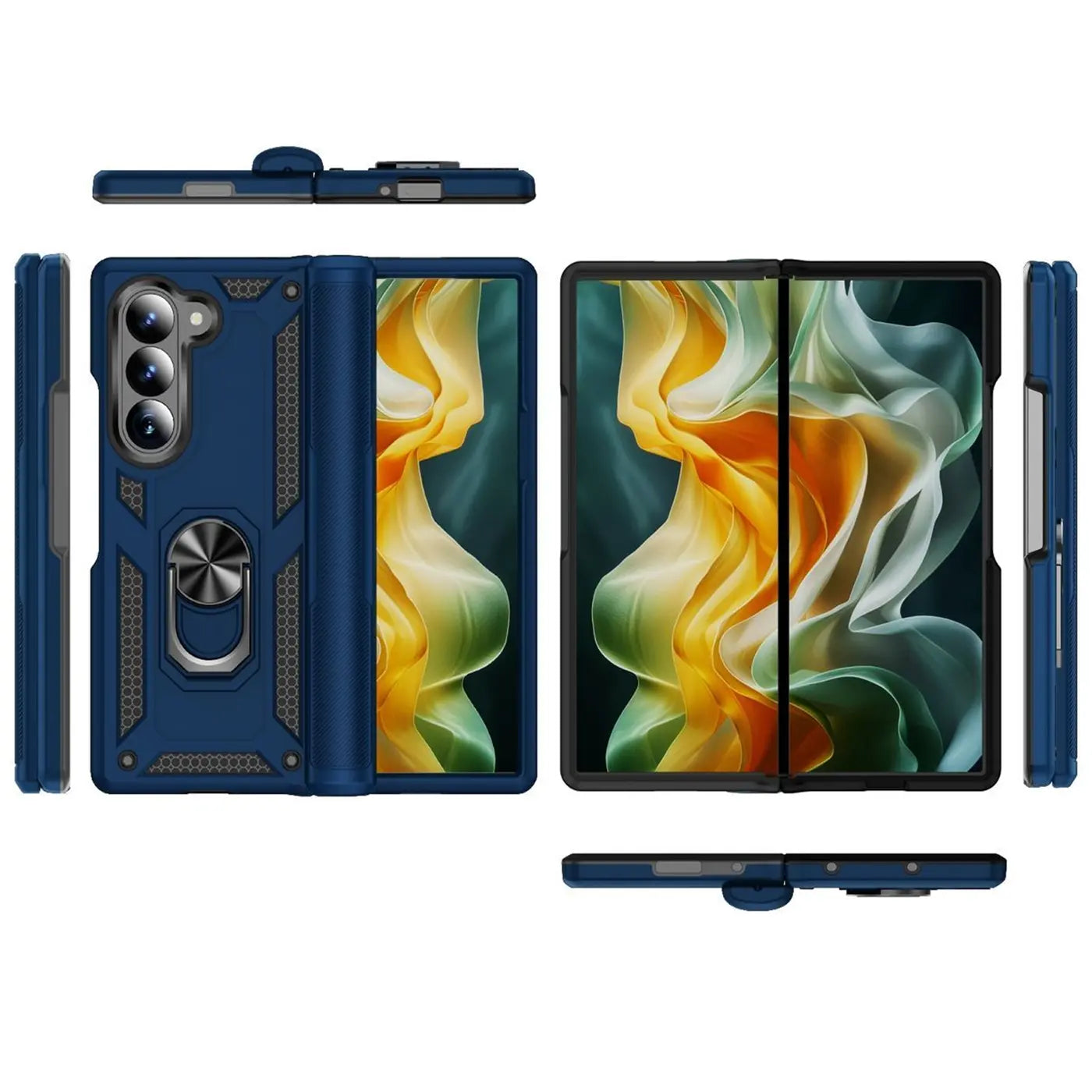 Dunkelblaue Hülle aus Kunststoff mit Ringhalter für Samsung Galaxy Z Fold 6, verschiedene Ansichten.