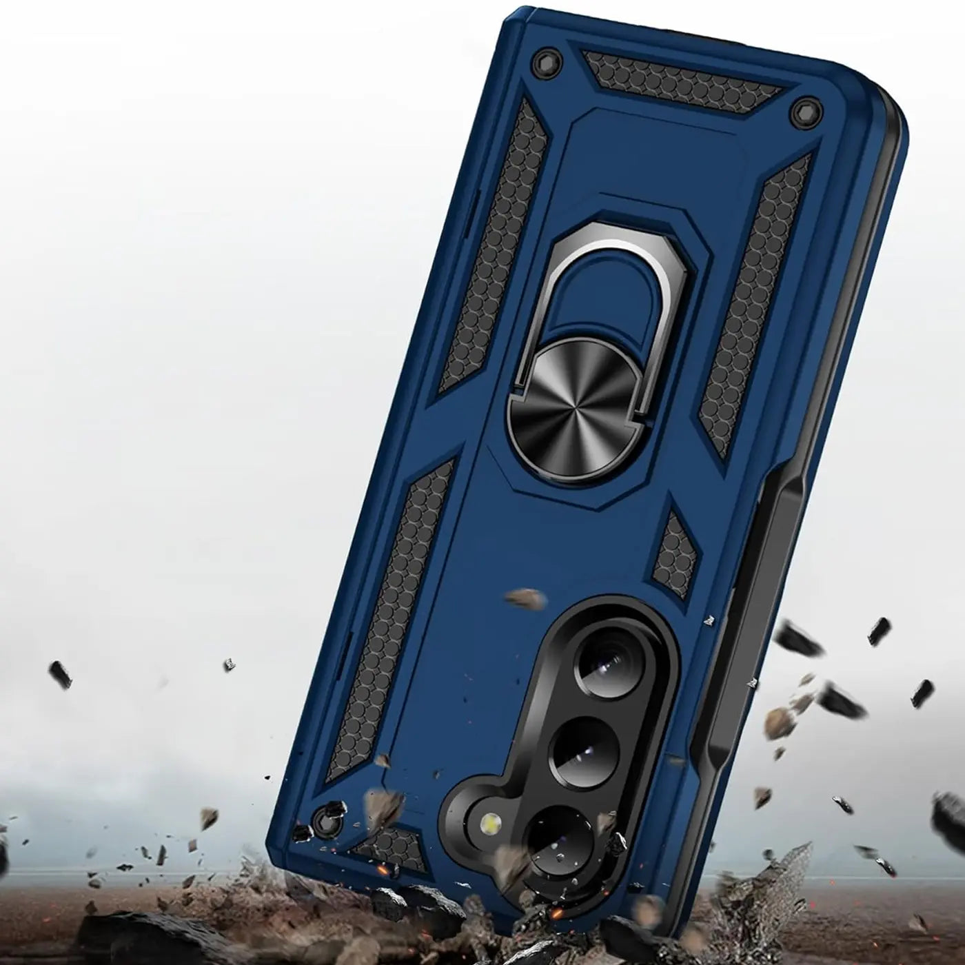 Blaue Hülle für Samsung Galaxy Z Fold 6 mit Ringhalter, von schräg oben.