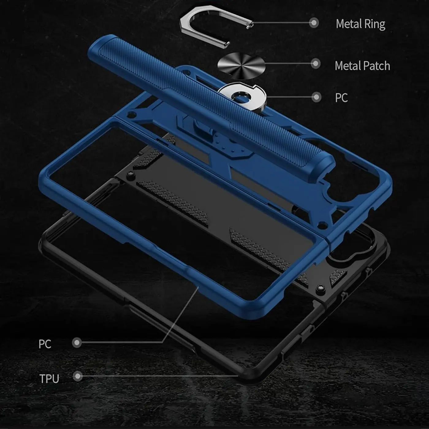 Blaue und schwarze Schutzhülle aus PC/TPU mit Ringhalter, Explosionsansicht, Samsung Galaxy Z Fold 6.