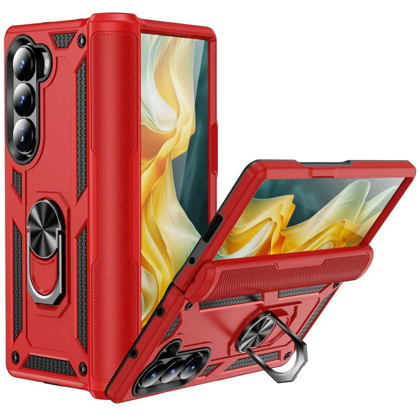 Rote Hülle mit Ringhalter für Samsung Galaxy Z Fold 6, von vorne und leicht schräg