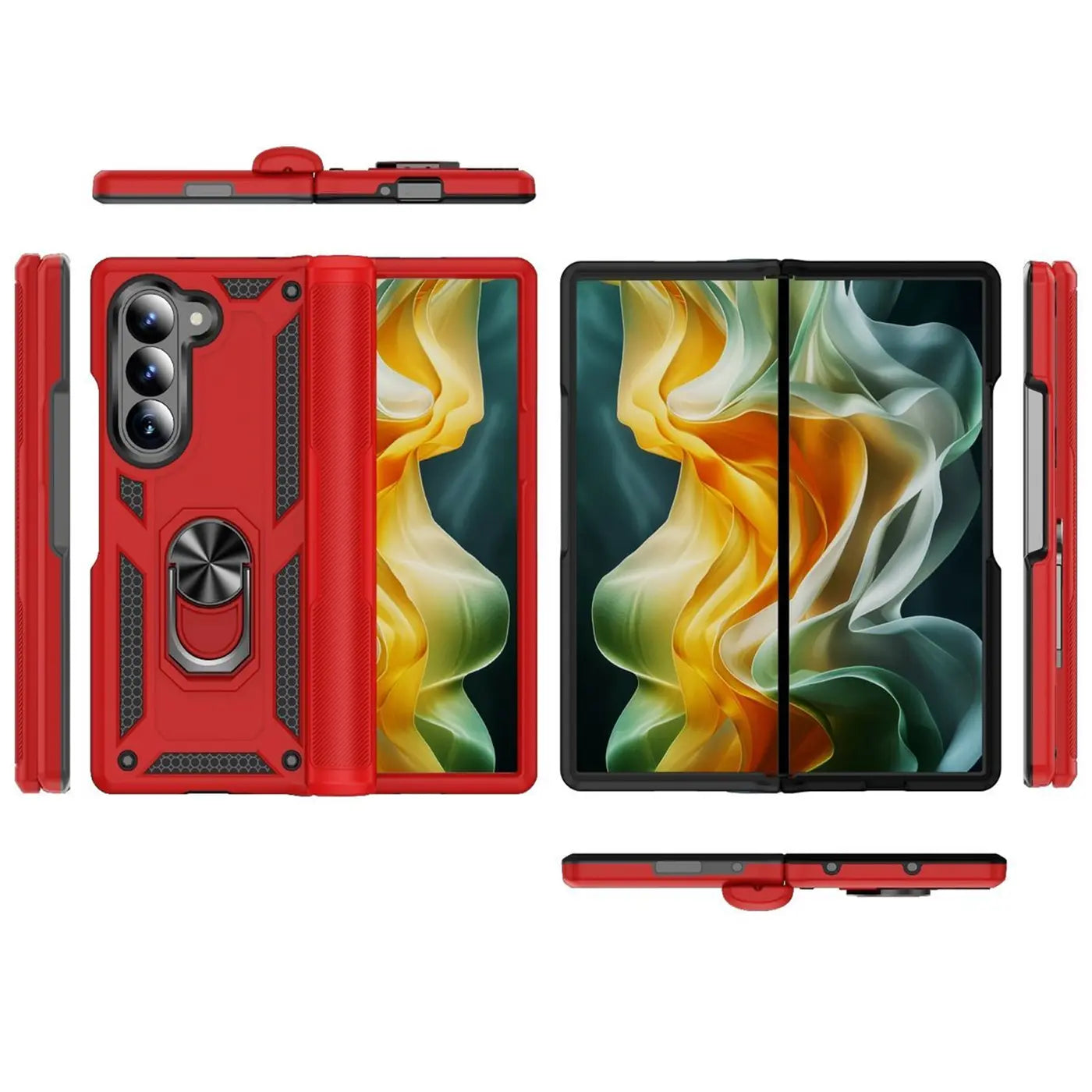 Rote Military-Hülle mit Ringhalter für Samsung Galaxy Z Fold 6, verschiedene Ansichten.
