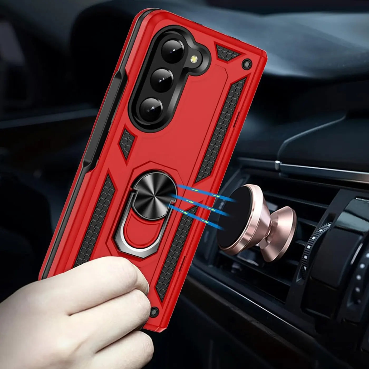 Rote Hülle mit Ringhalter für Samsung Galaxy Z Fold 6, aus Kunststoff, von vorne leicht schräg.
