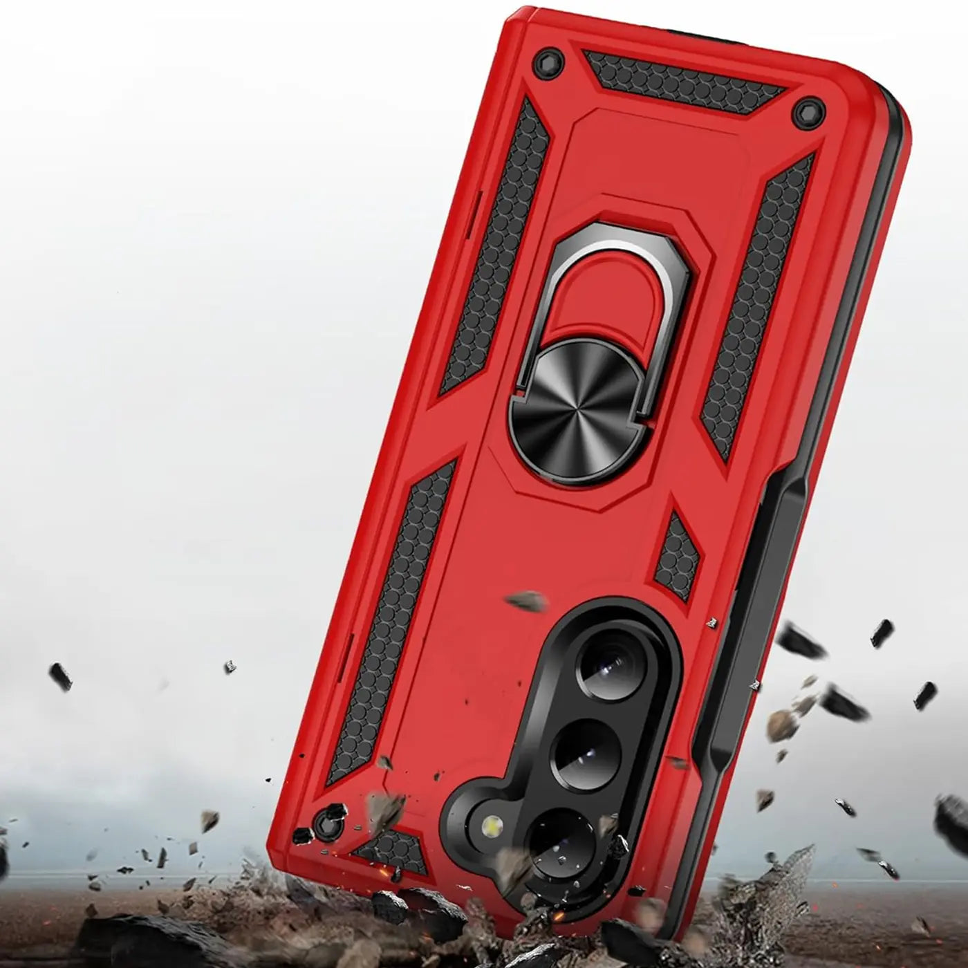 Rote Hülle mit Ringhalter für Samsung Galaxy Z Fold 6, von schräg unten gesehen.