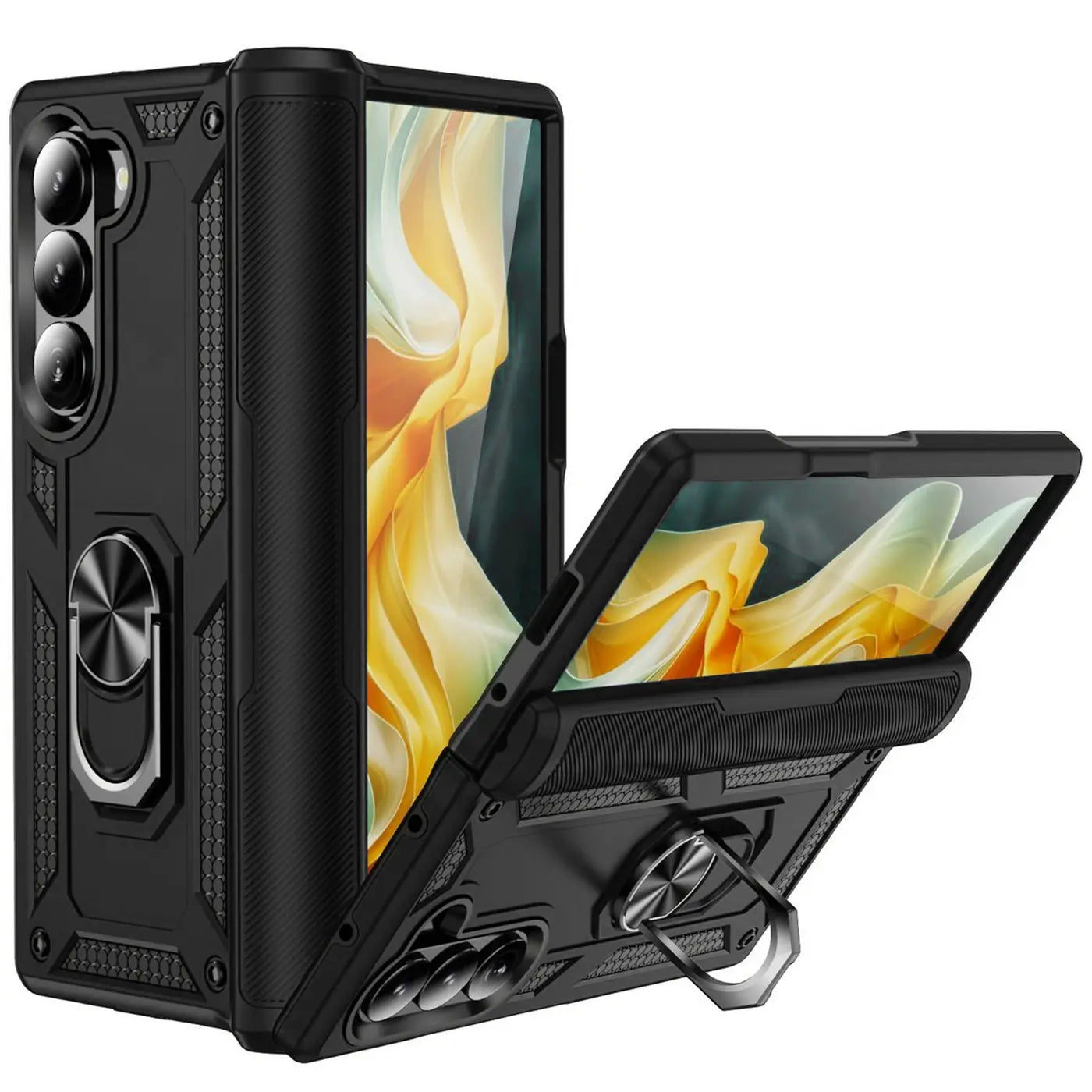 Schwarze Hülle aus Kunststoff mit Ringhalter für Samsung Galaxy Z Fold 6, von schräg vorne