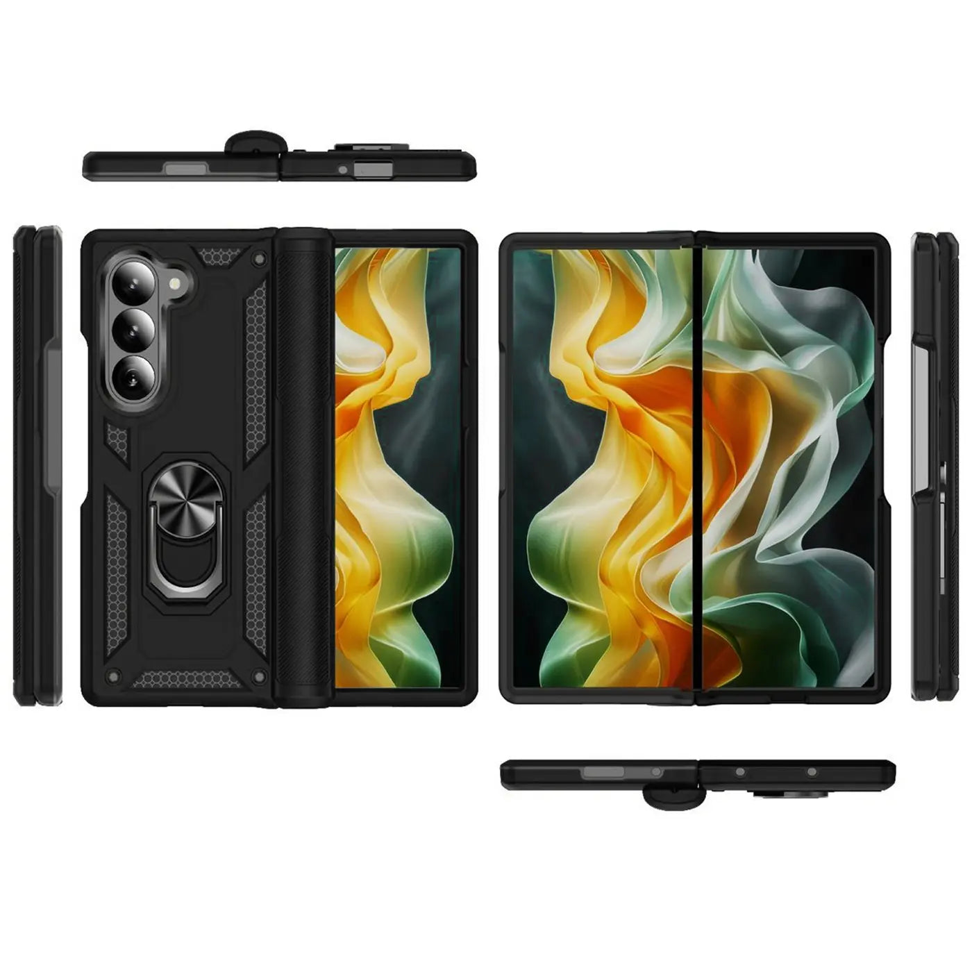 Schwarze Hülle aus Kunststoff mit Ringhalter für Samsung Galaxy Z Fold 6, verschiedene Ansichten.