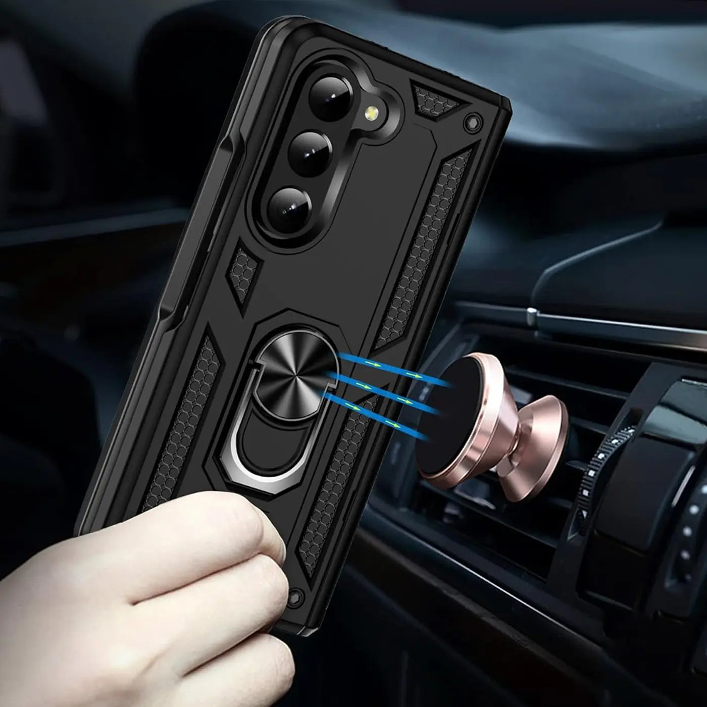 Schwarze Handyhülle aus Kunststoff mit Ringhalter, Nahaufnahme, Samsung Galaxy Z Fold 6