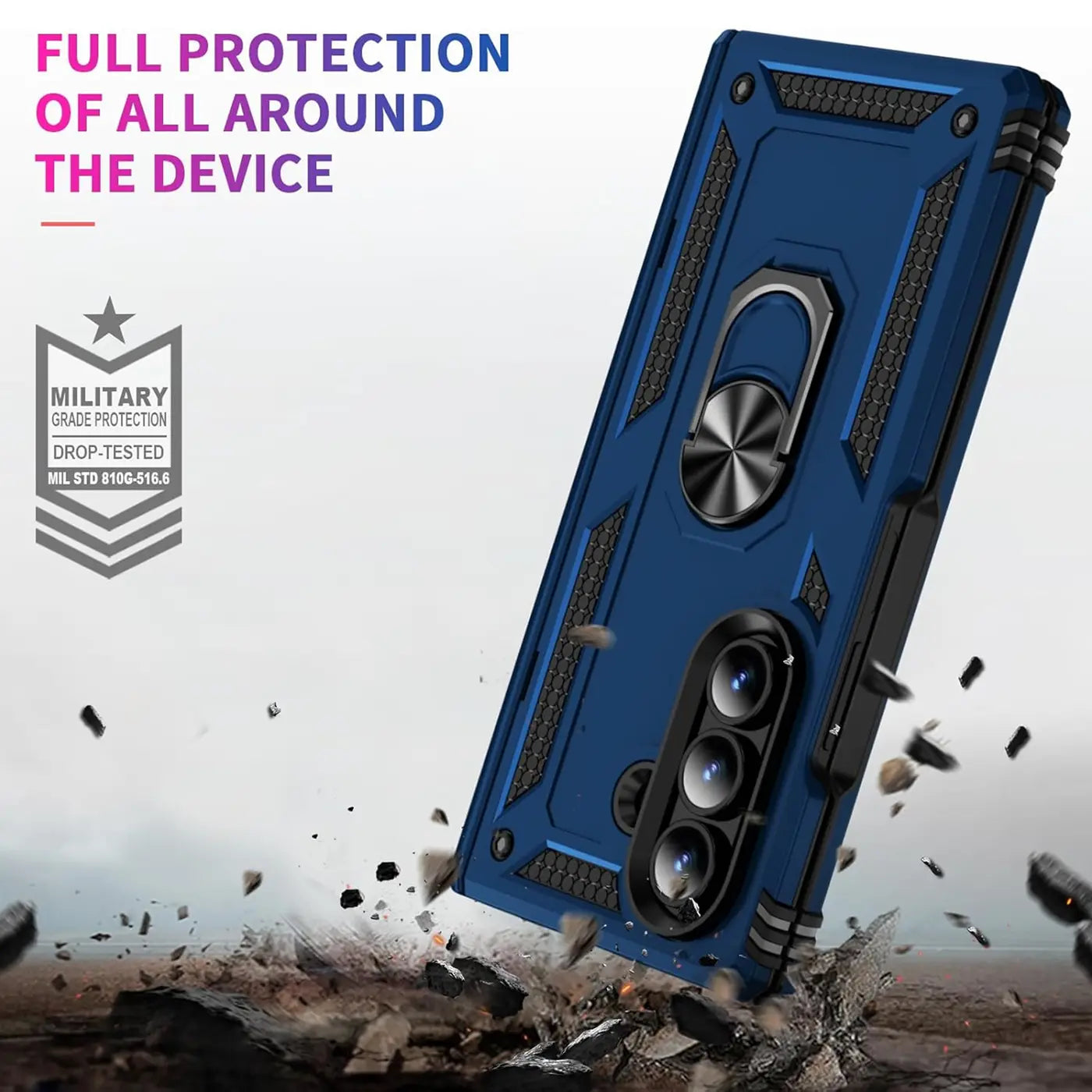 Blaue Militärhülle mit Ringhalter für Samsung Galaxy Z Fold 7, von schräg oben.