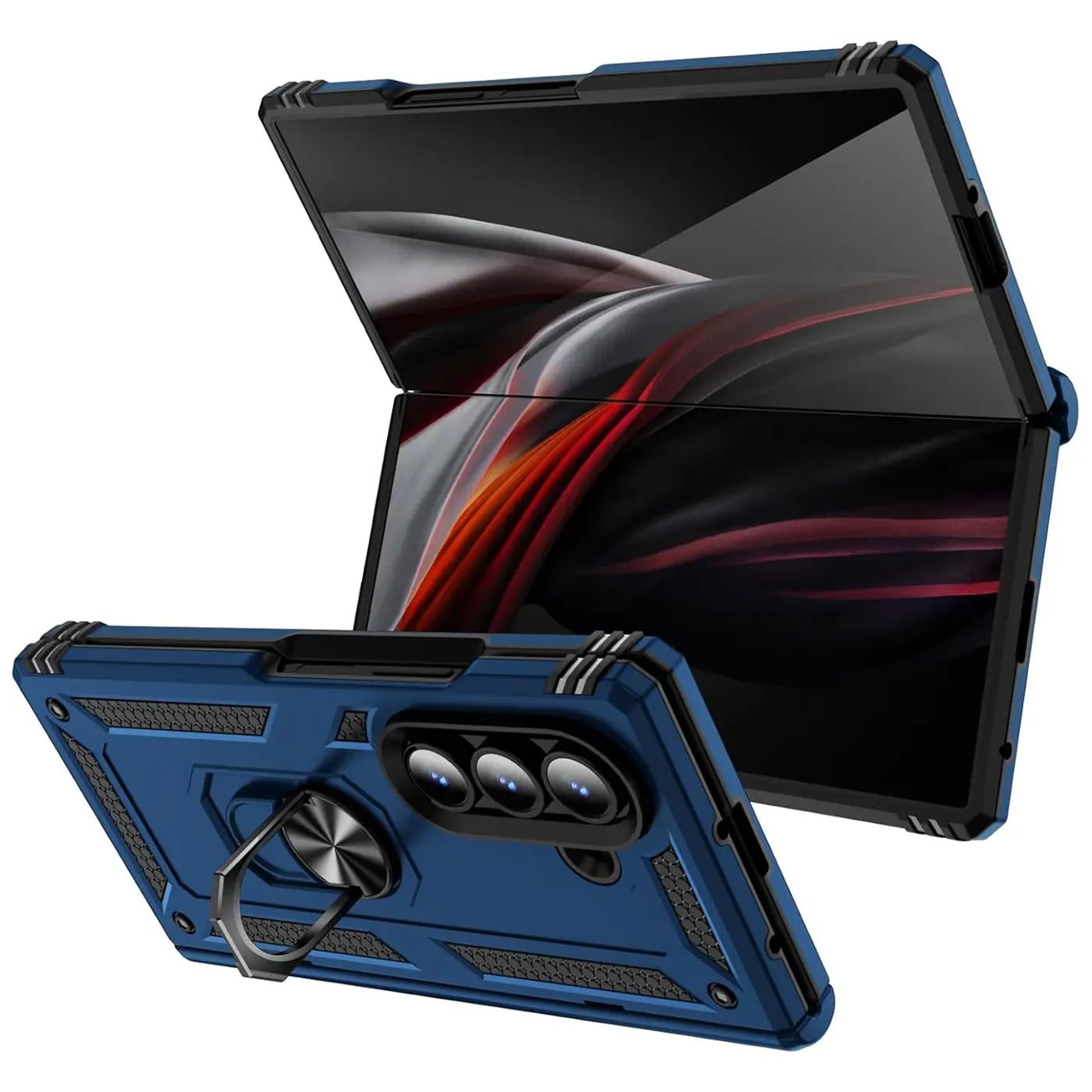Dunkelblaue Hülle mit Ringhalter für Samsung Galaxy Z Fold 7, von schräg vorne
