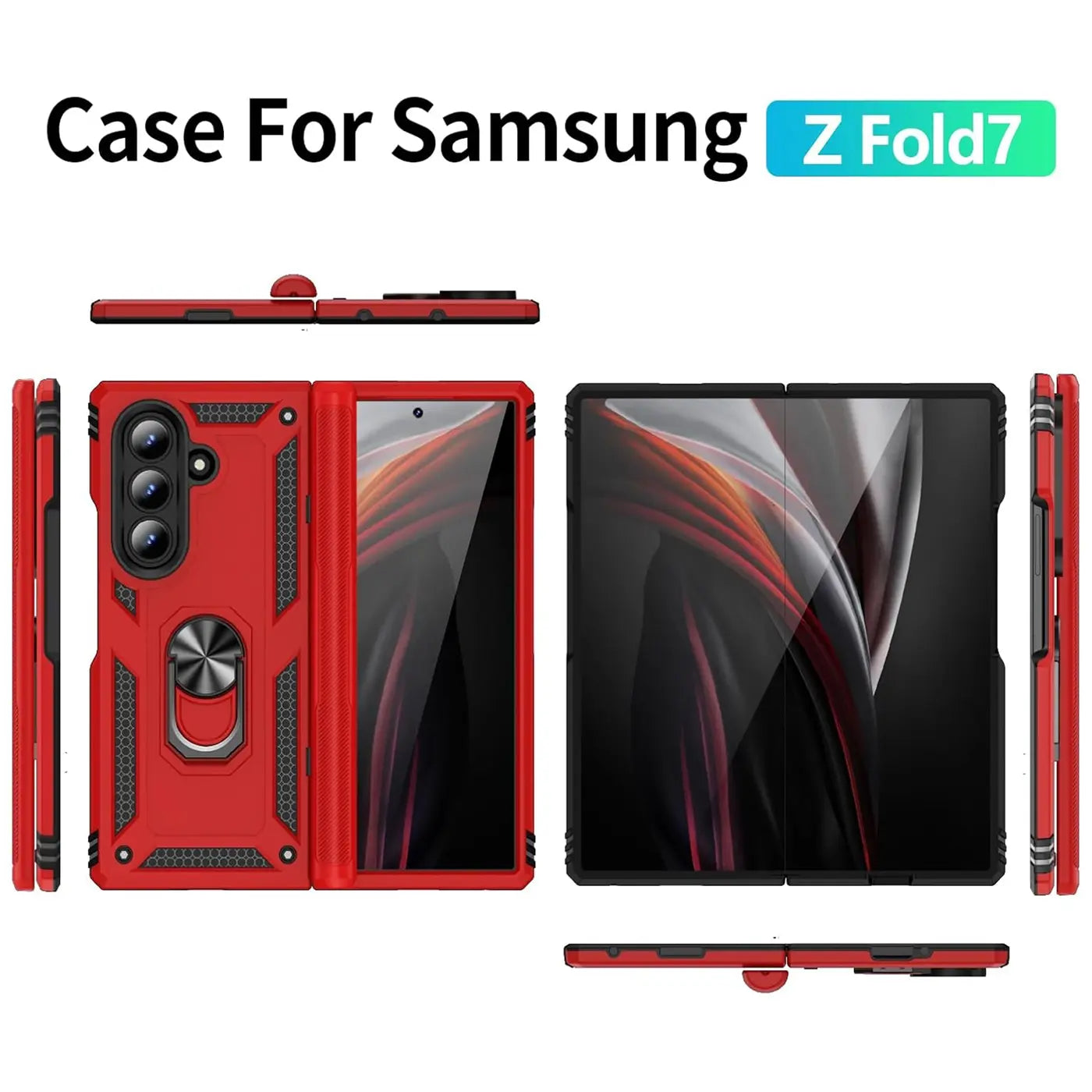 Rote Hülle für Samsung Z Fold7 mit Ringhalter, verschiedene Ansichten.