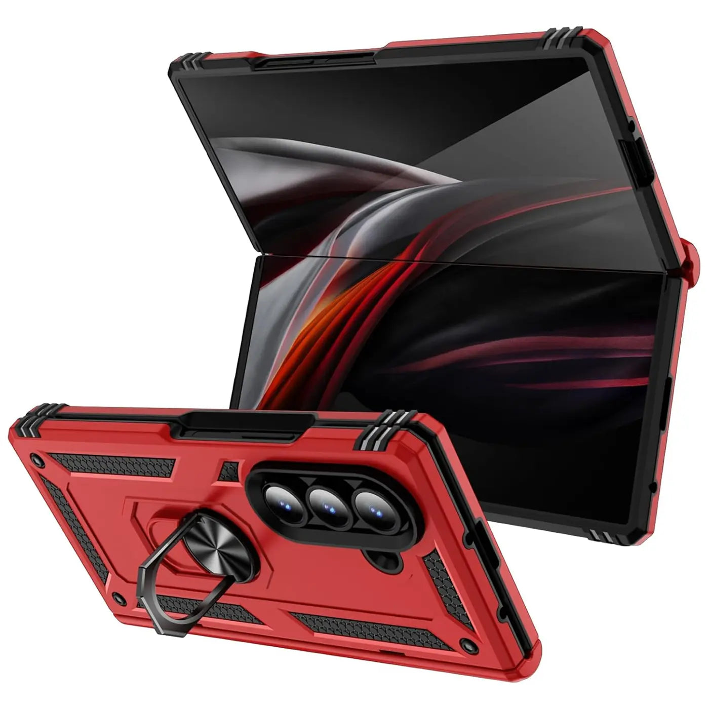 Rote Military-Hülle mit Ringhalter für Samsung Galaxy Z Fold 7, aus Kunststoff, von vorne unten