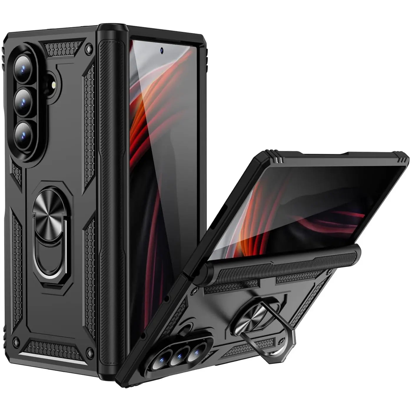 Schwarze Hülle aus Kunststoff mit Ringhalter für Samsung Galaxy Z Fold 7, von vorne schräg gezeigt.