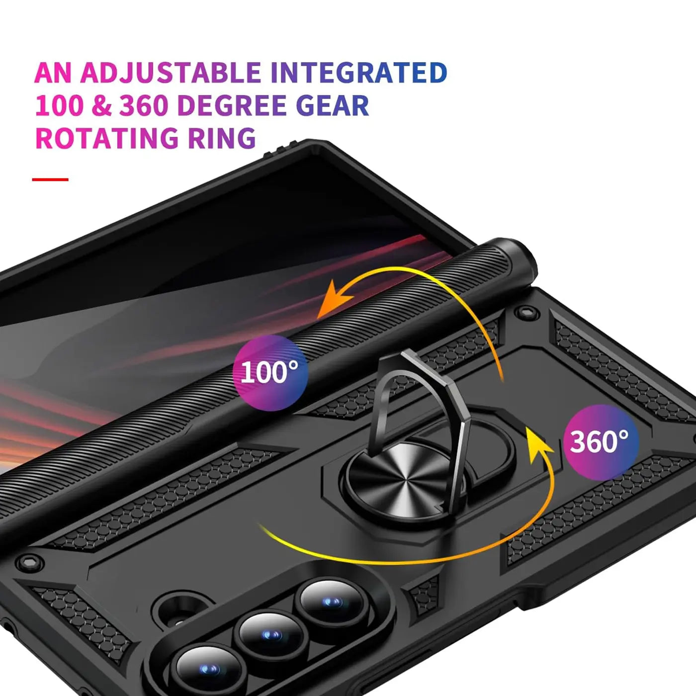 Schwarze Militärhülle aus Kunststoff mit Ringhalter für Samsung Galaxy Z Fold 7, Rückansicht.
