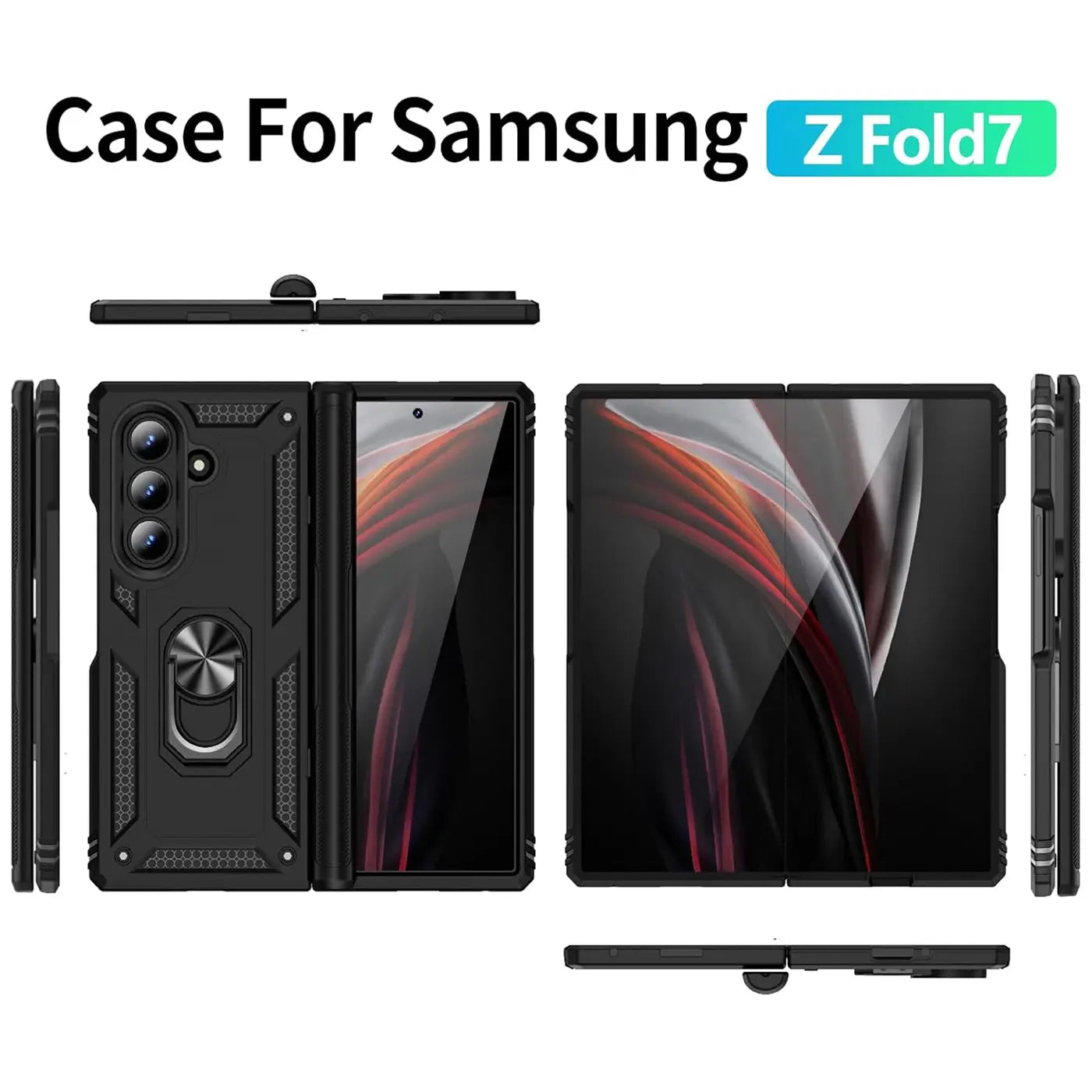Schwarze Militärhülle mit Ringhalter für Samsung Galaxy Z Fold 7, verschiedene Ansichten
