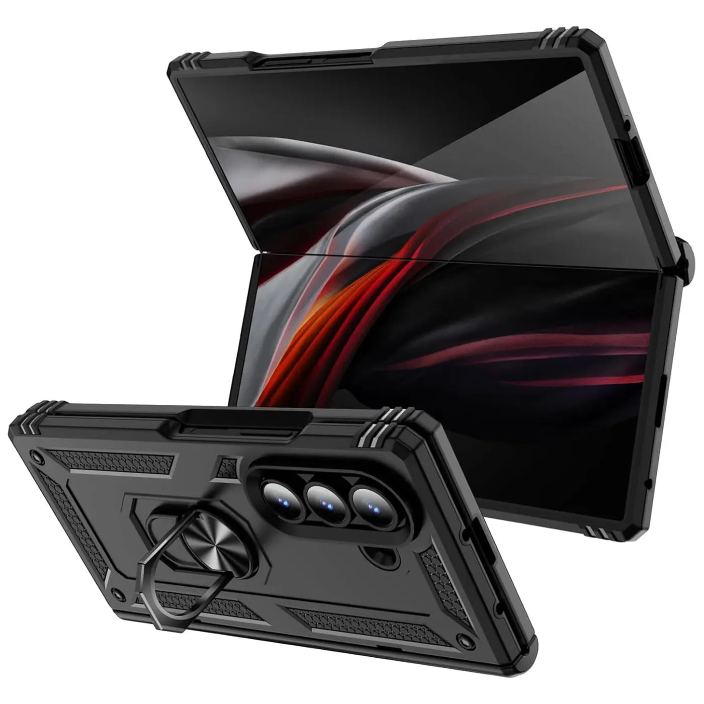 Schwarze Hülle aus Kunststoff mit Ringhalter für Samsung Galaxy Z Fold 7, von vorne unten gezeigt.