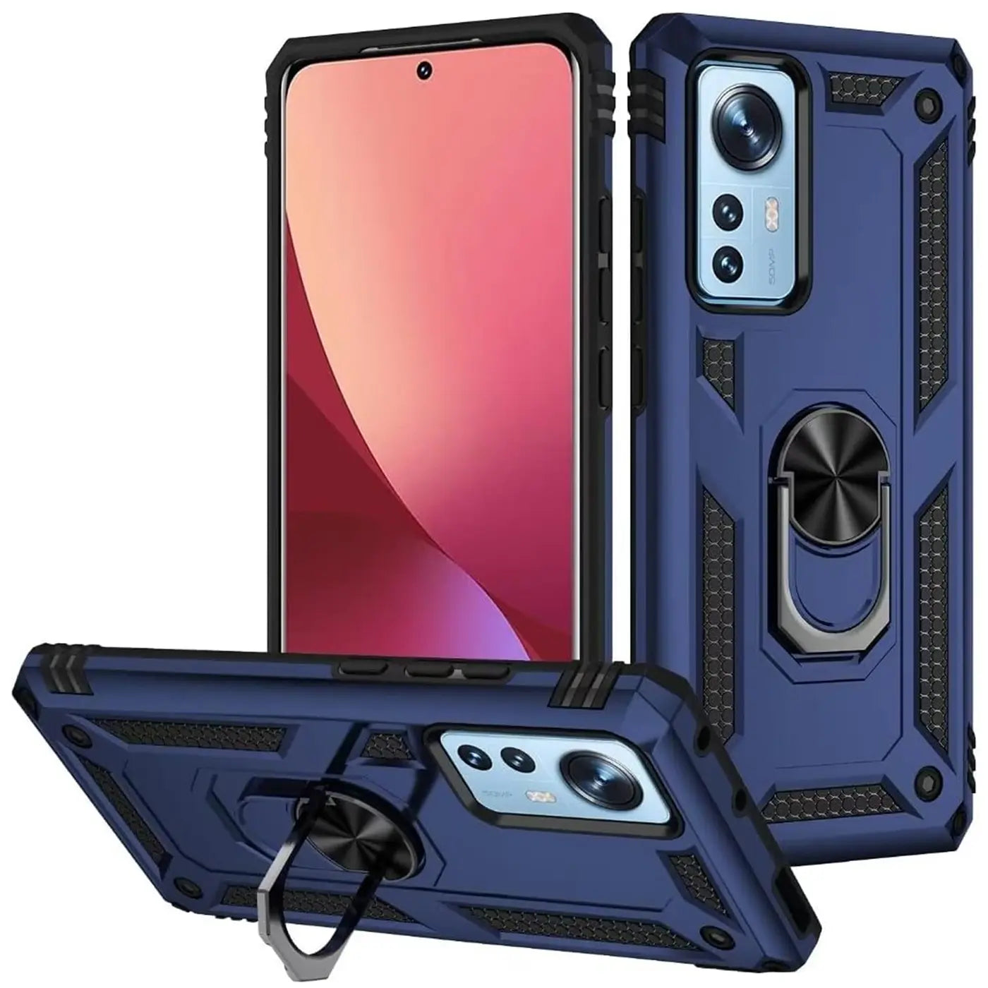 Dunkelblaue Hülle mit Ringhalter für Xiaomi 12 Lite 5G, aus Kunststoff, von vorne und schräg