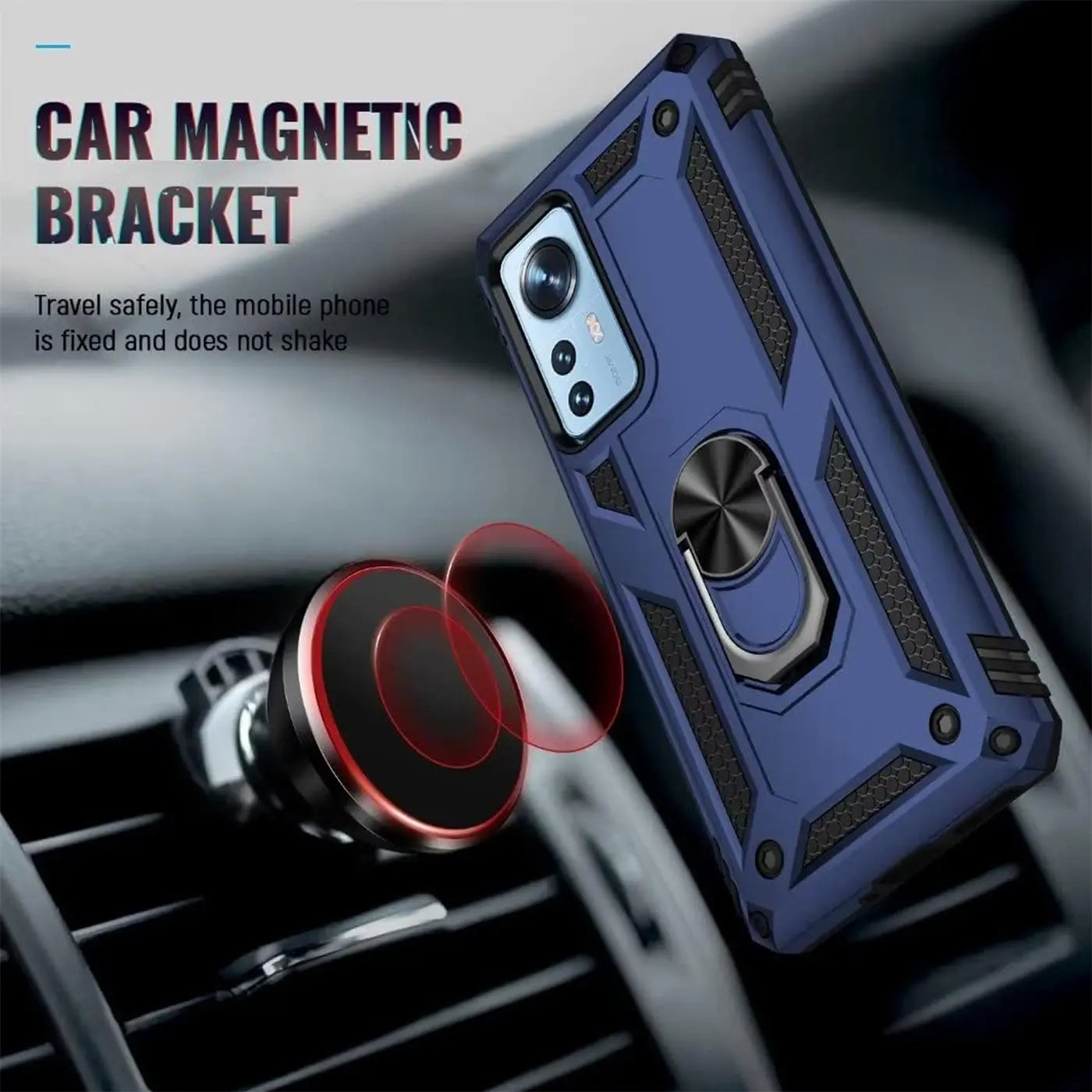 Blaue Hülle mit Ringhalter für Xiaomi 12 Lite 5G, aus Kunststoff, von schräg oben, mit Magnet im Auto-Lüftungsschlitz.