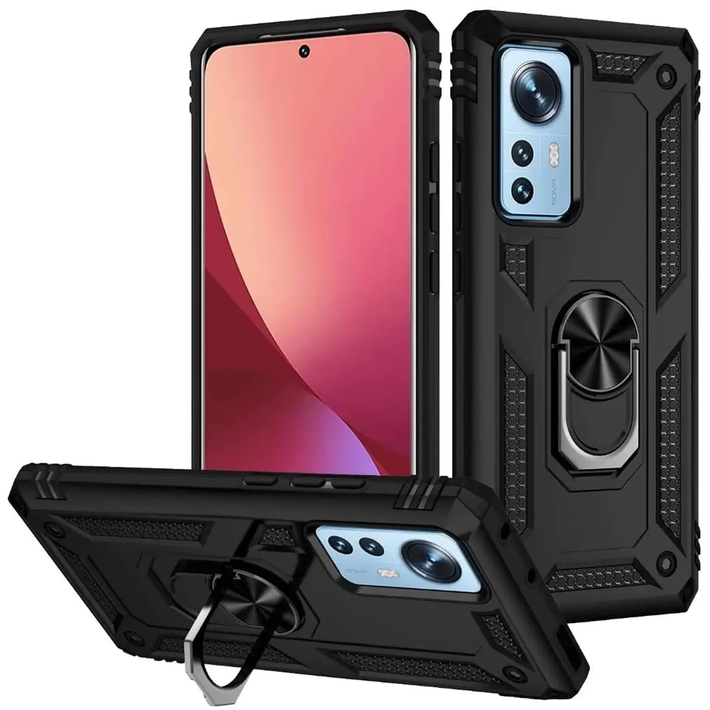 Schwarze Hülle aus Kunststoff mit Ringhalter für Xiaomi 12 Lite 5G, verschiedene Winkel.