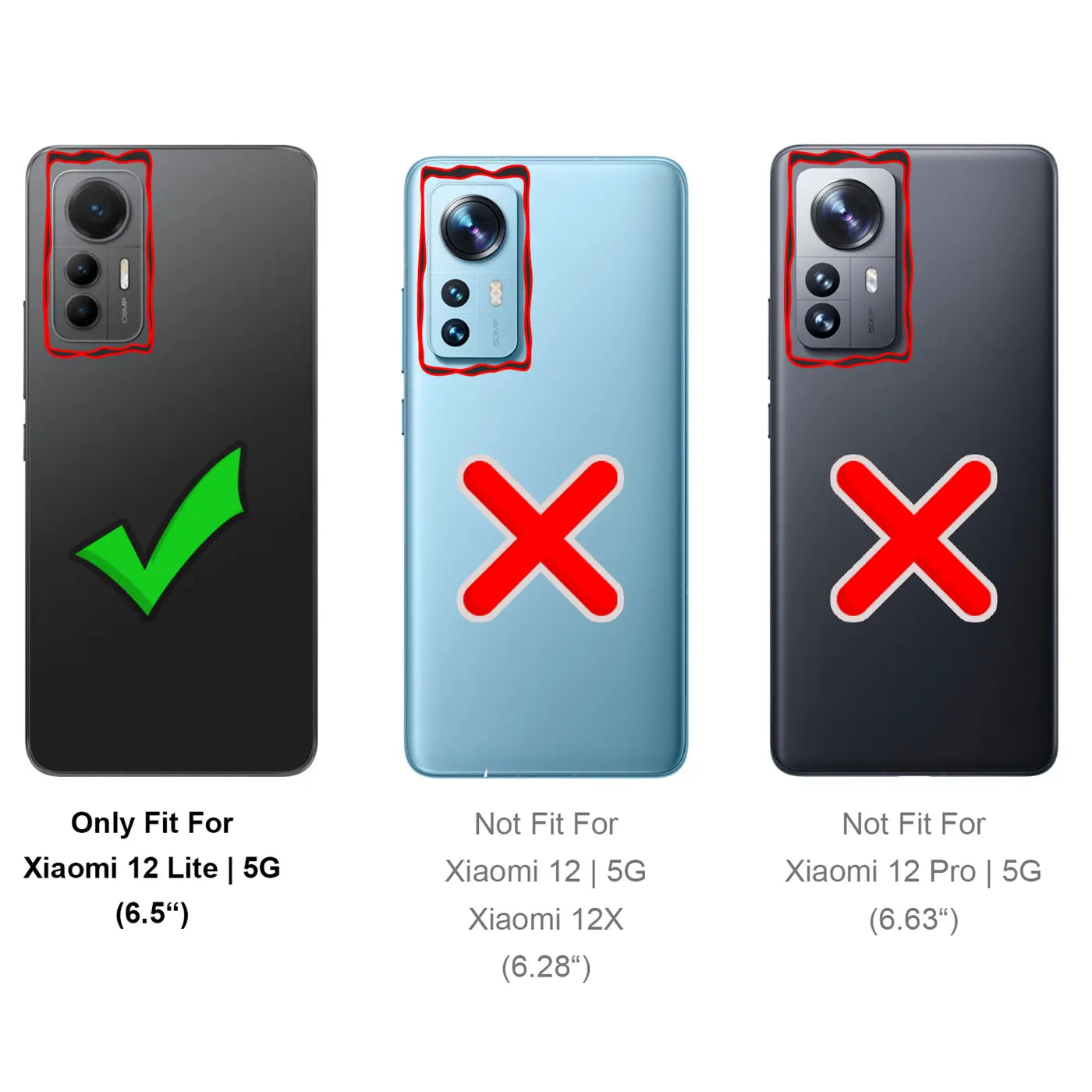 Drei Handy-Rückseiten: links Xiaomi 12 Lite mit Häkchen, Mitte/rechts andere Modelle mit Kreuzen.