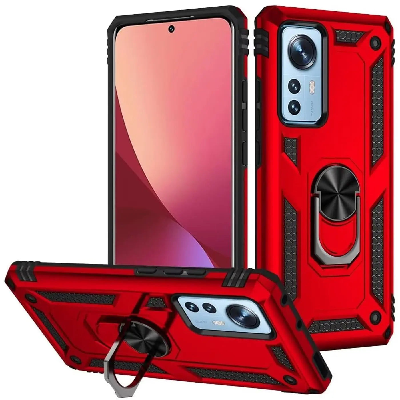Rote Hülle mit Ringhalter für Xiaomi 12 Pro, aus Kunststoff, verschiedene Winkel