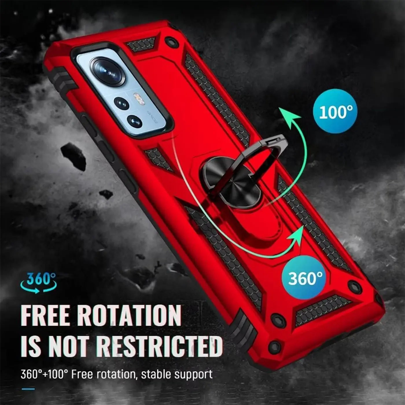 Rote Military Hülle mit Ringhalter für Xiaomi 12 Pro, Seitenansicht.