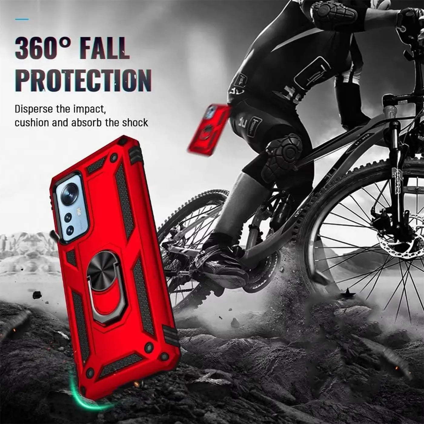 Rote Military Hülle mit Ringhalter für Xiaomi 12 Pro, von vorne, aus Kunststoff.
