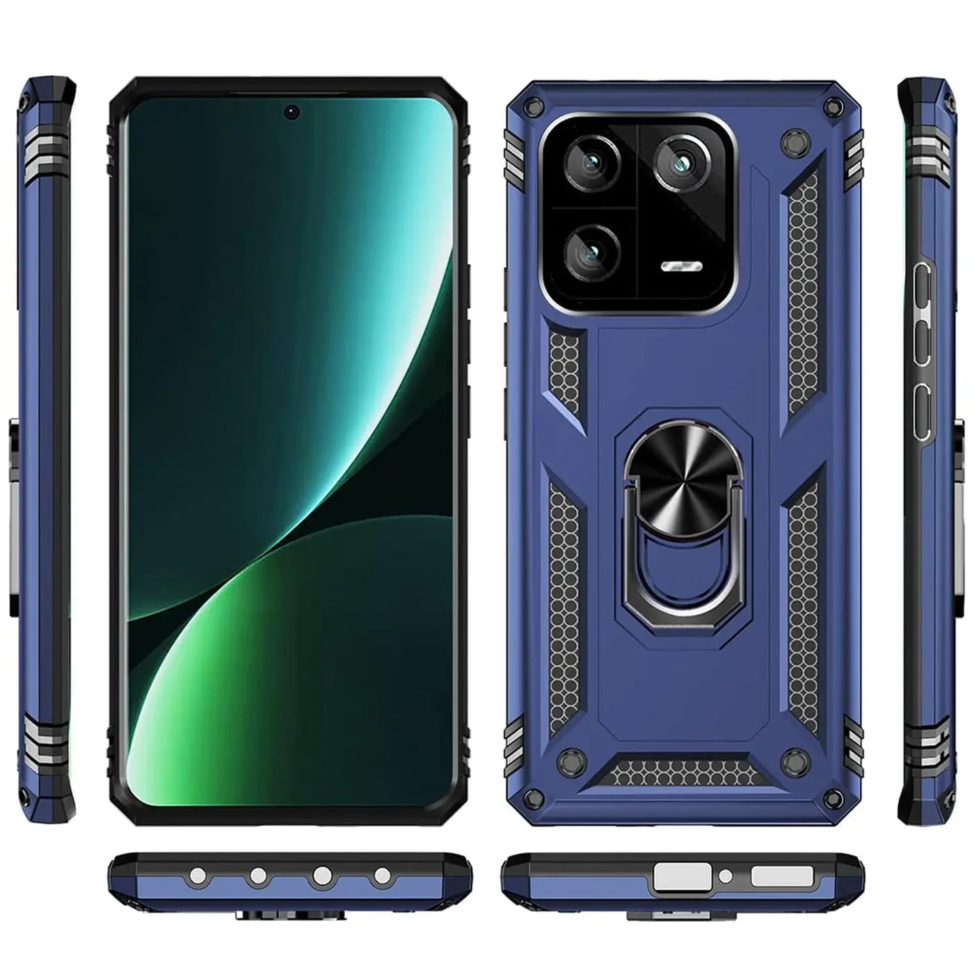 Blaues Xiaomi 13 Handy mit Hülle, Ringhalter, verschiedene Ansichten.