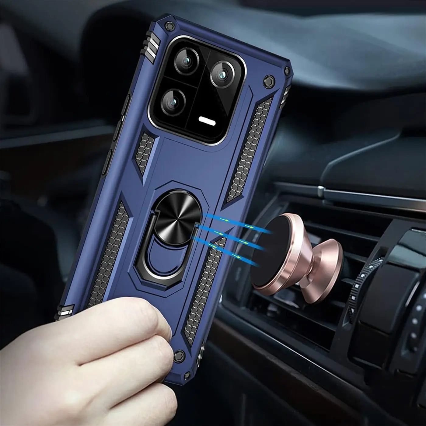 Blaue Military Hülle mit Ringhalter für Xiaomi 13, aus Kunststoff, von vorne links
