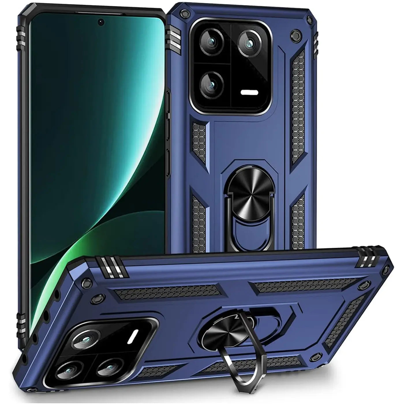 Blaue Hülle mit Ringhalter für Xiaomi 13 Pro, aus Kunststoff, aus verschiedenen Winkeln gezeigt.