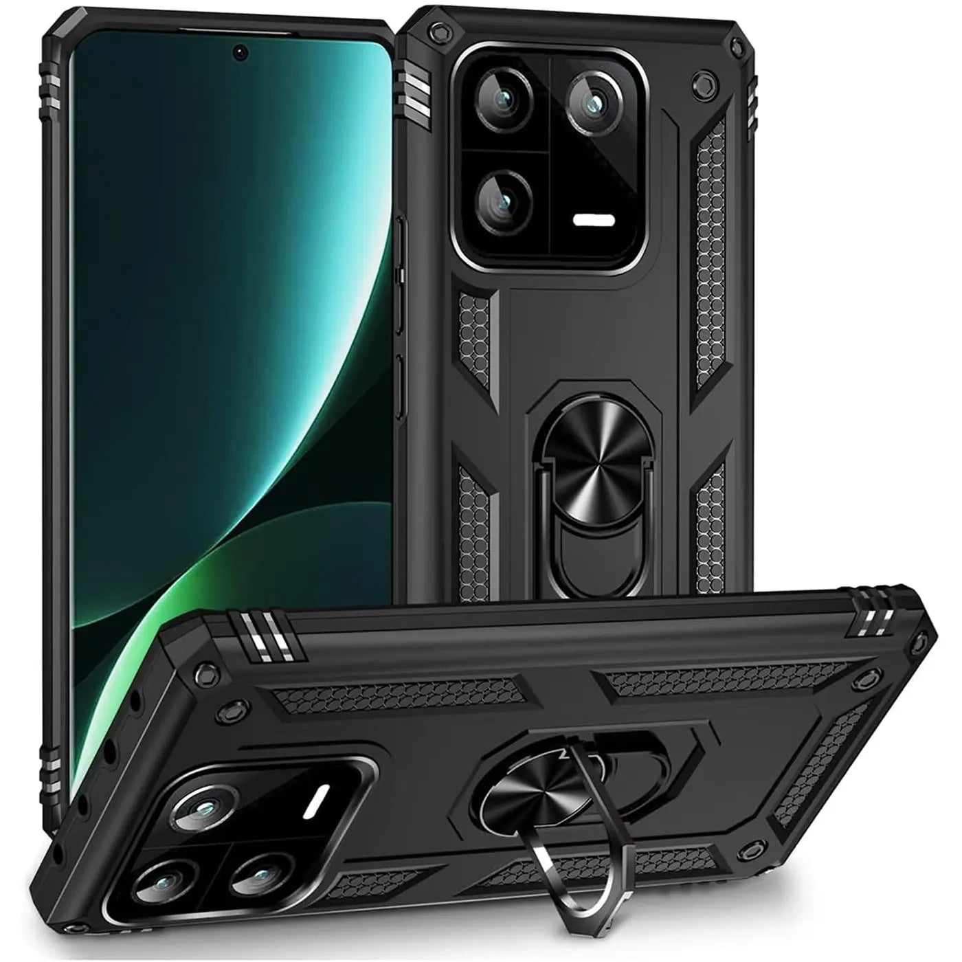 Schwarze Militärhülle aus Kunststoff mit Ringhalter für Xiaomi 13 Pro, verschiedene Winkel.