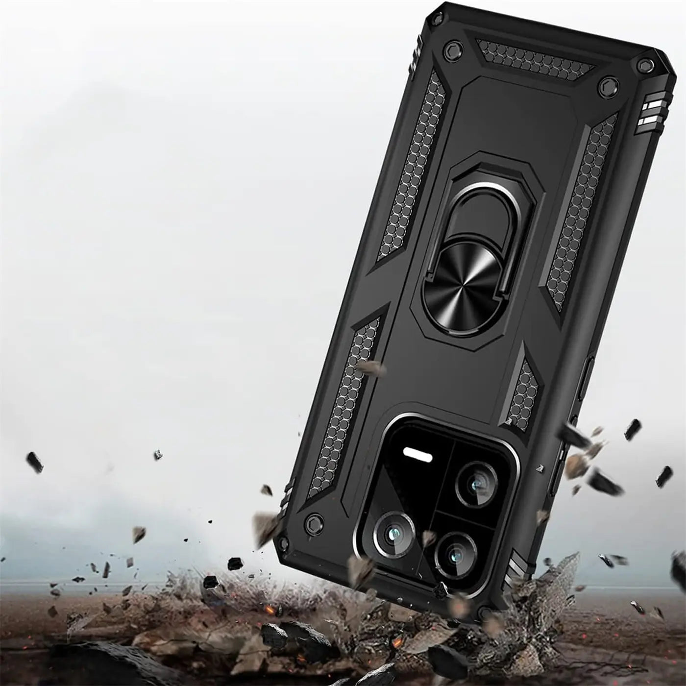 Schwarze Militärhülle mit Ringhalter für Xiaomi 13 Pro, von schräg oben fotografiert.