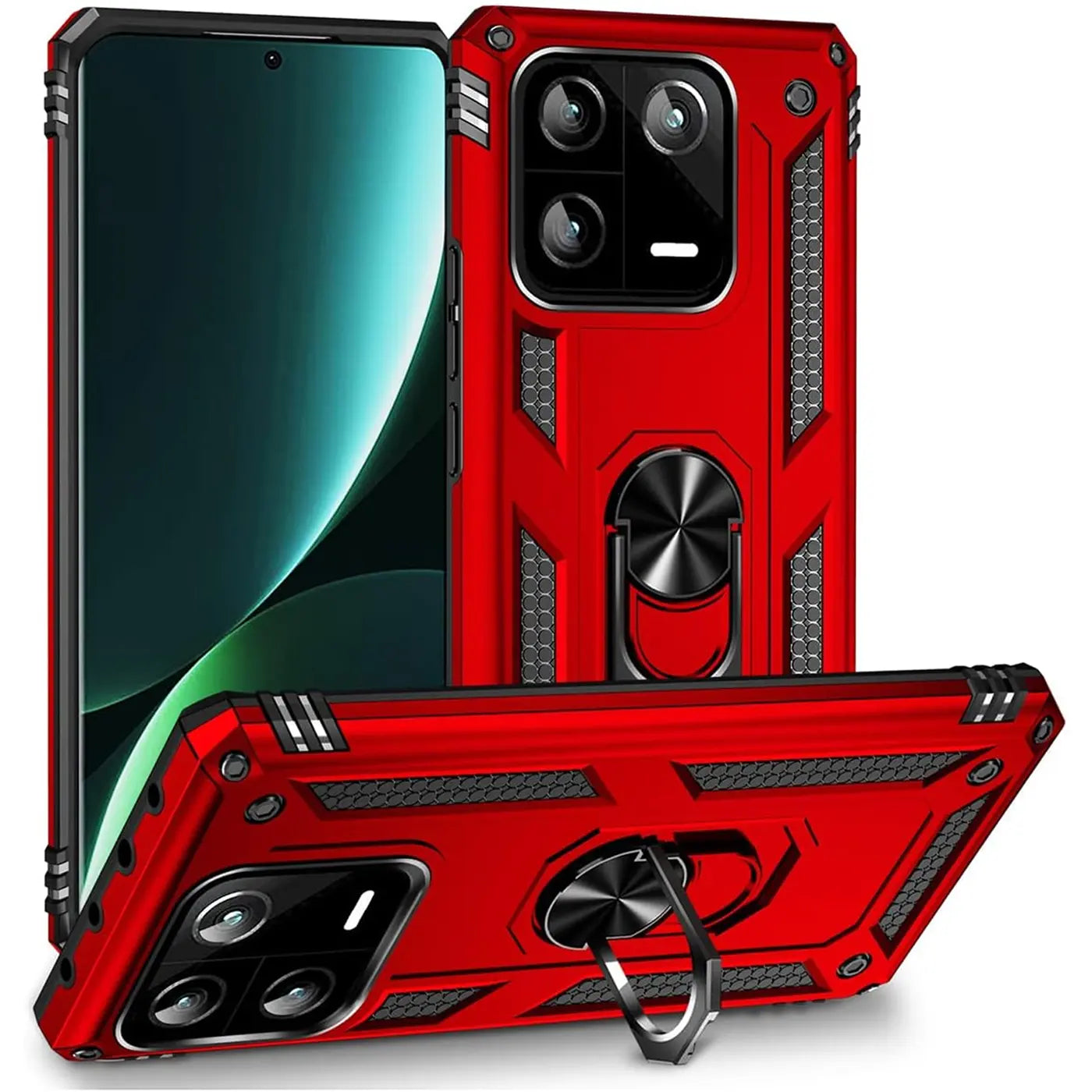 Rote Hülle mit Ringhalter für Xiaomi 13, von vorne und schräg.