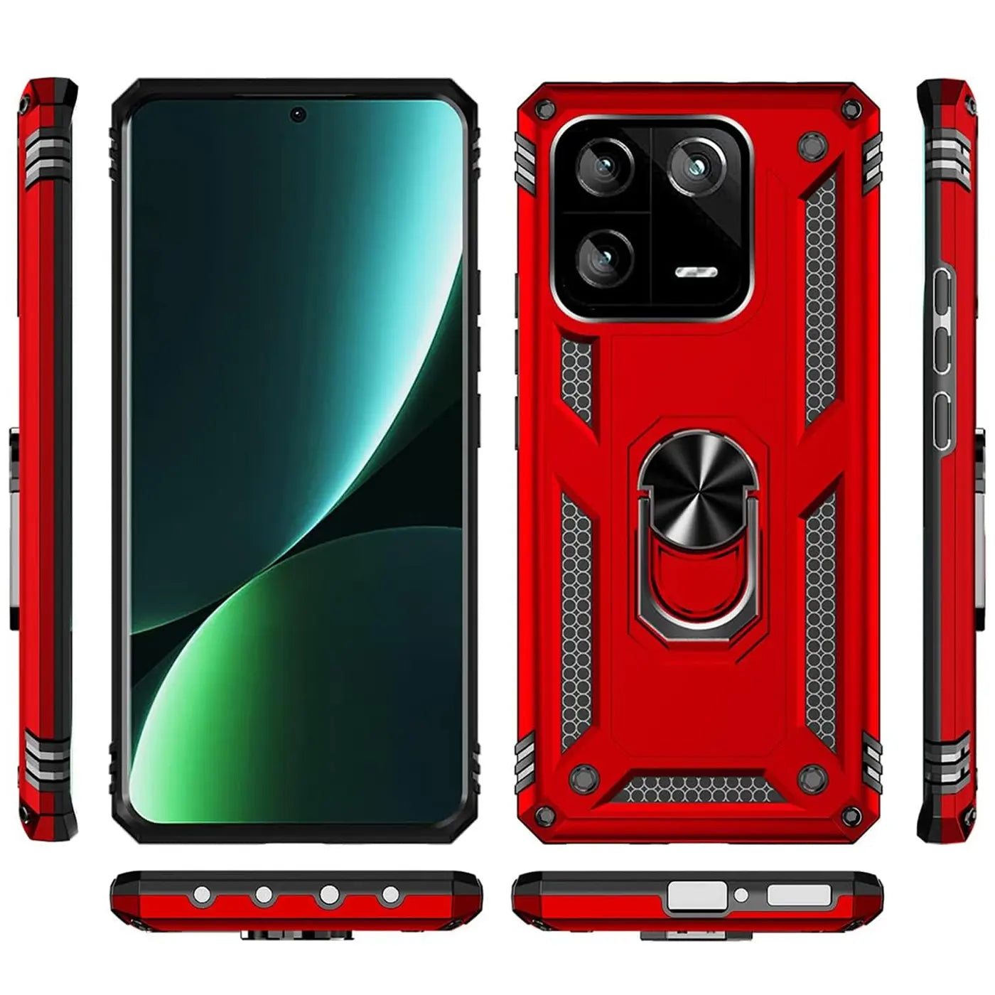 Rote Hülle mit Ringhalter für Xiaomi 13, von vorne und Seite, mit Metallring.