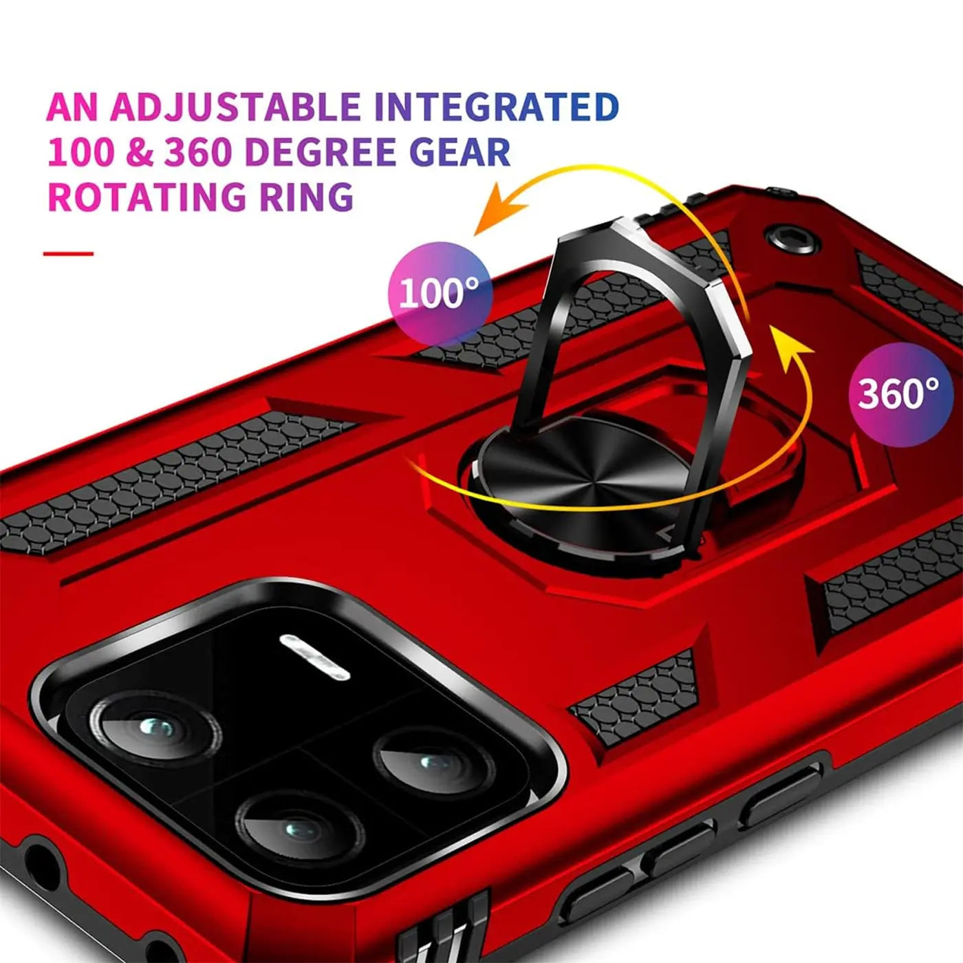 Rote Hülle mit integriertem Ringhalter, aus Kunststoff, Nahaufnahme, erkennbar: Xiaomi 13.