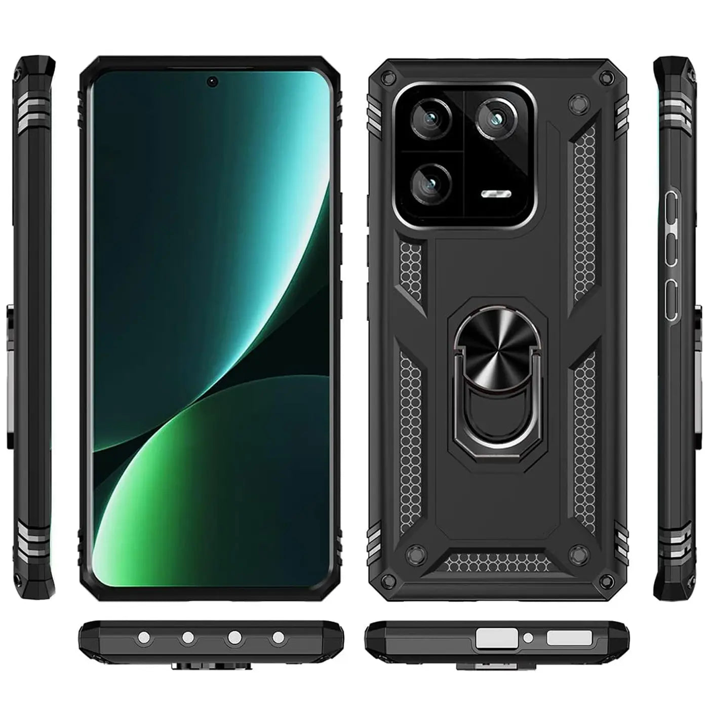 Schwarzes Xiaomi 13 mit Ringhalter, verschiedene Ansichten.