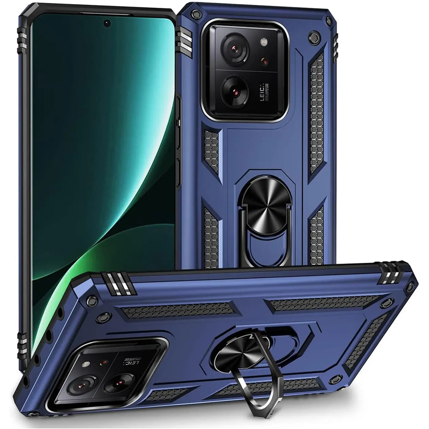 Blaue Hülle aus Kunststoff mit Ringhalter für Xiaomi 13T/13T Pro, von vorne und unten gezeigt.