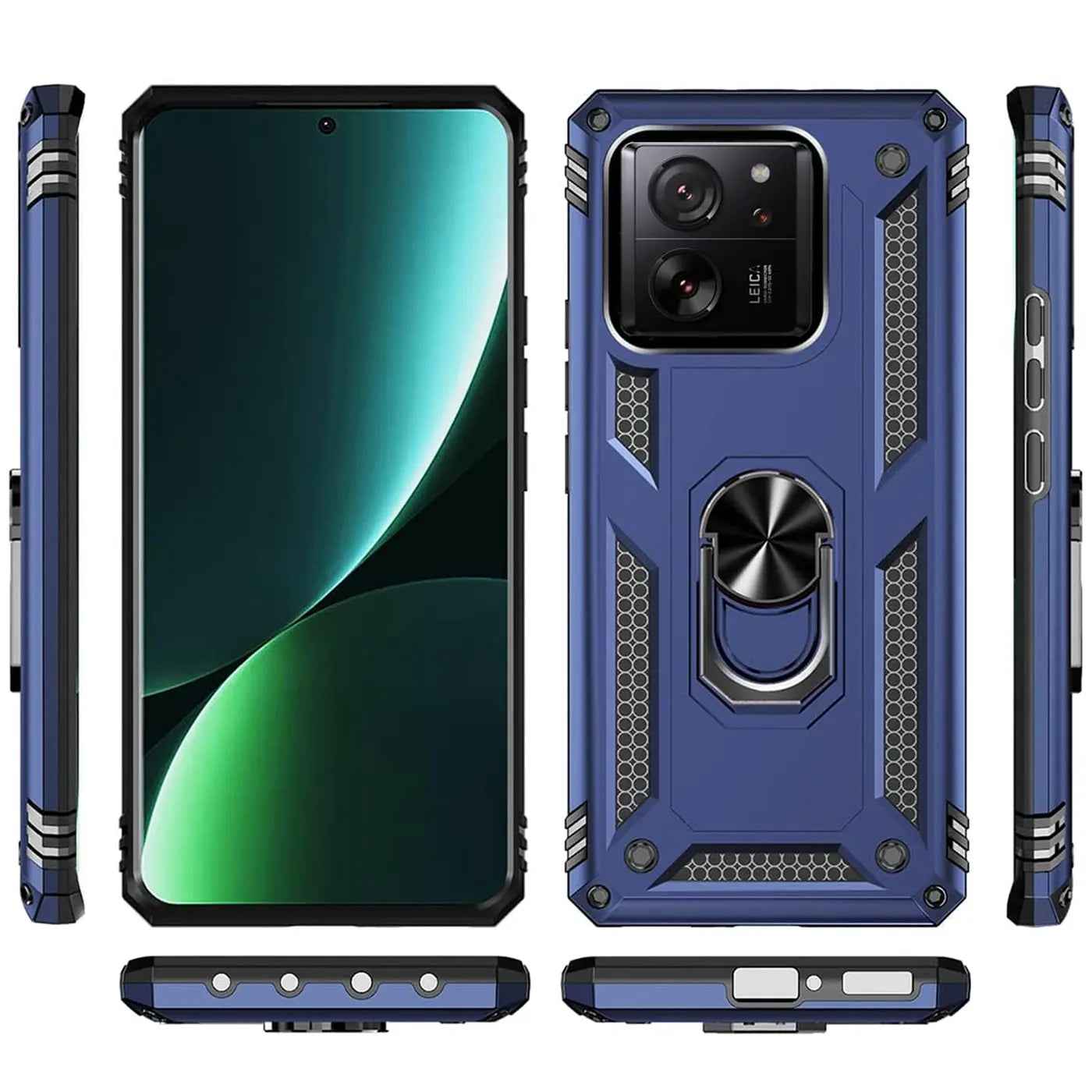 Blaue Hülle aus Kunststoff/Metall mit Ringhalter für Xiaomi 13T/13T Pro, verschiedene Ansichten.