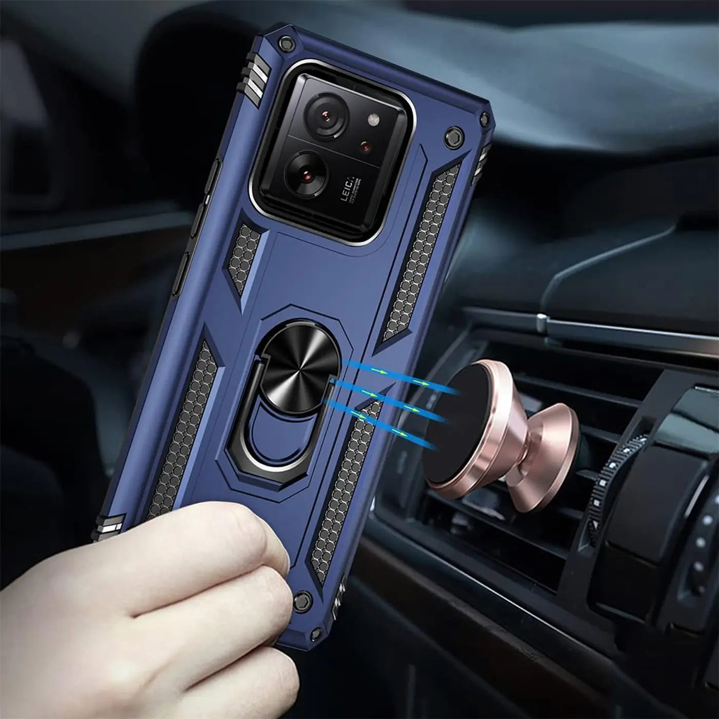 Blaue Hülle mit Ringhalter für Xiaomi 13T/13T Pro, von vorne, mit Magnet im Auto.