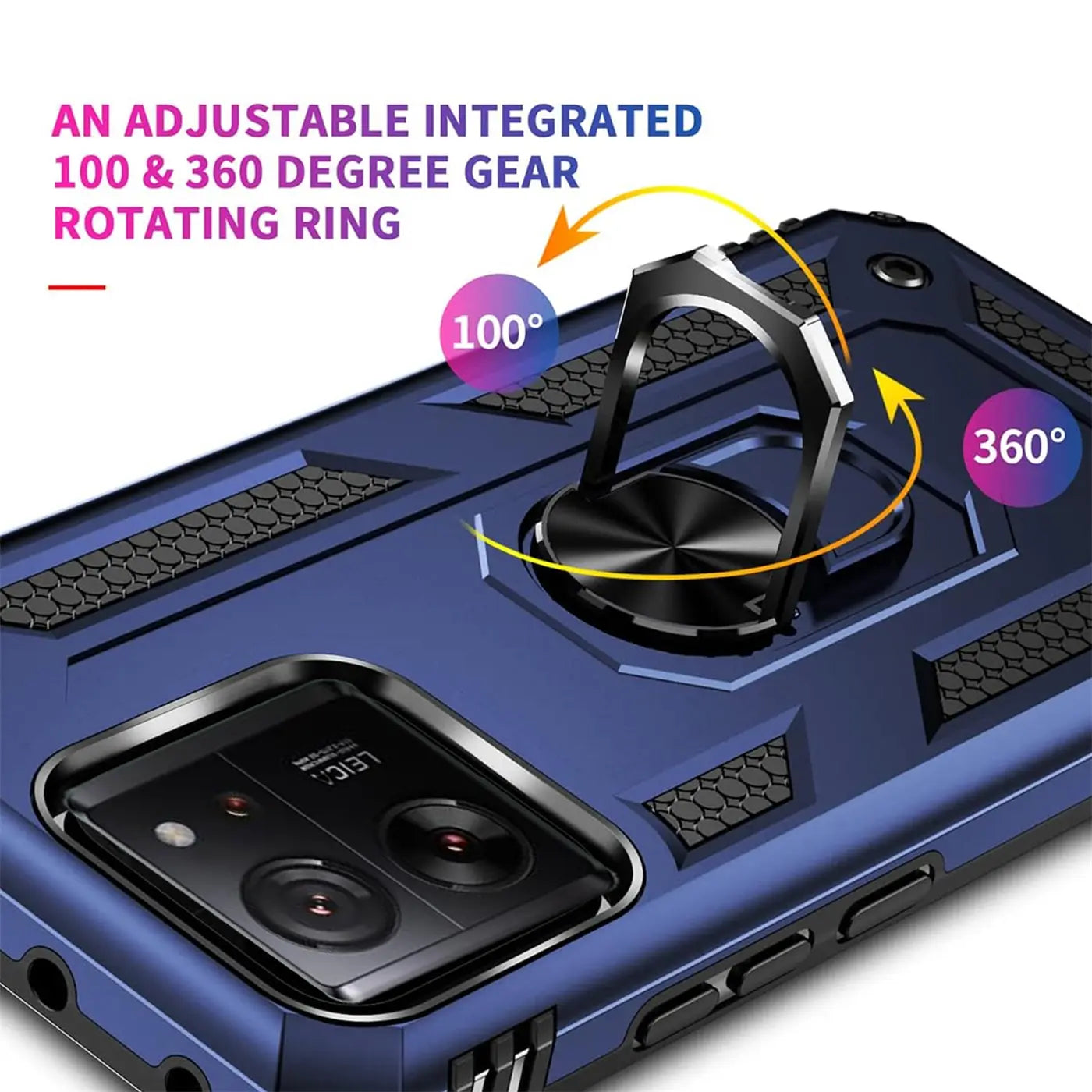 Dunkelblaue Hülle aus Kunststoff mit integriertem Metallringhalter, Rückansicht eines Xiaomi 13T Pro.