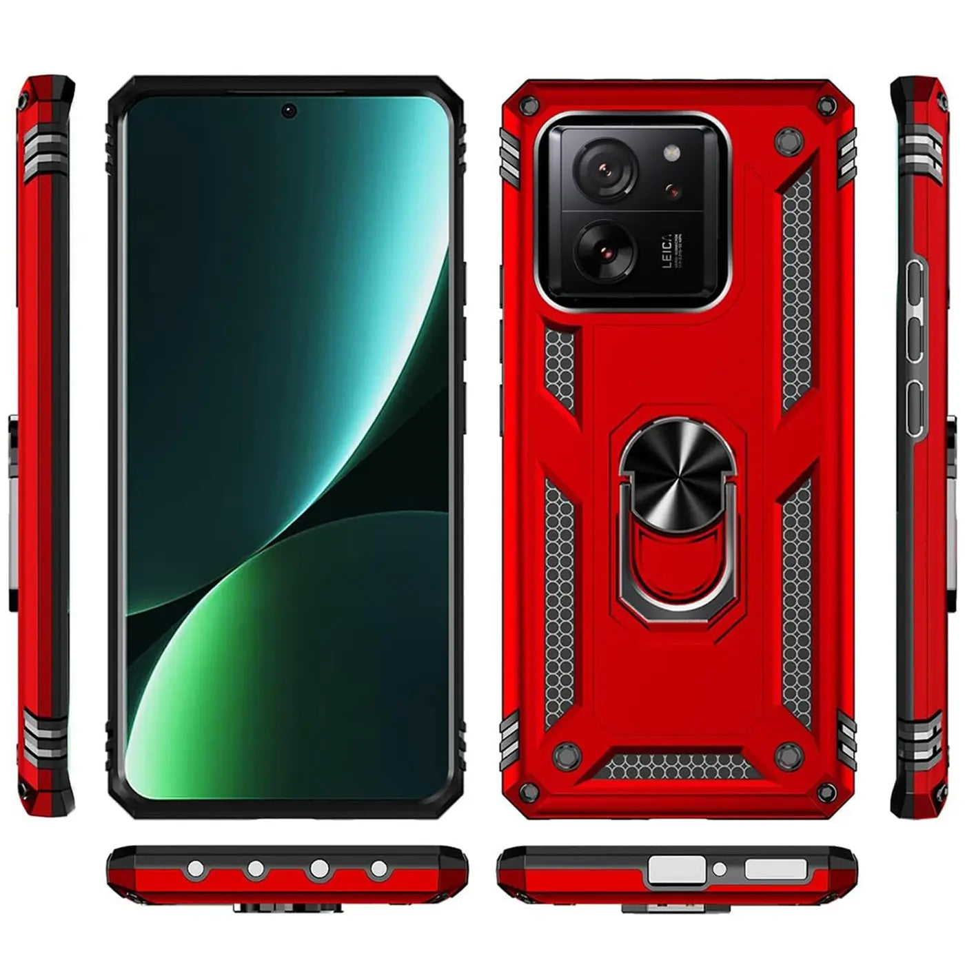 Rote Hülle mit Ringhalter für Xiaomi 13T/13T Pro, Vorder- und Rückansicht.